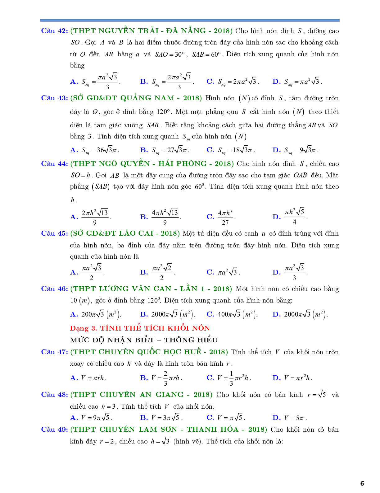 Phân dạng và bài tập trắc nghiệm mặt cầu - mặt trụ - mặt nón (trang 6)