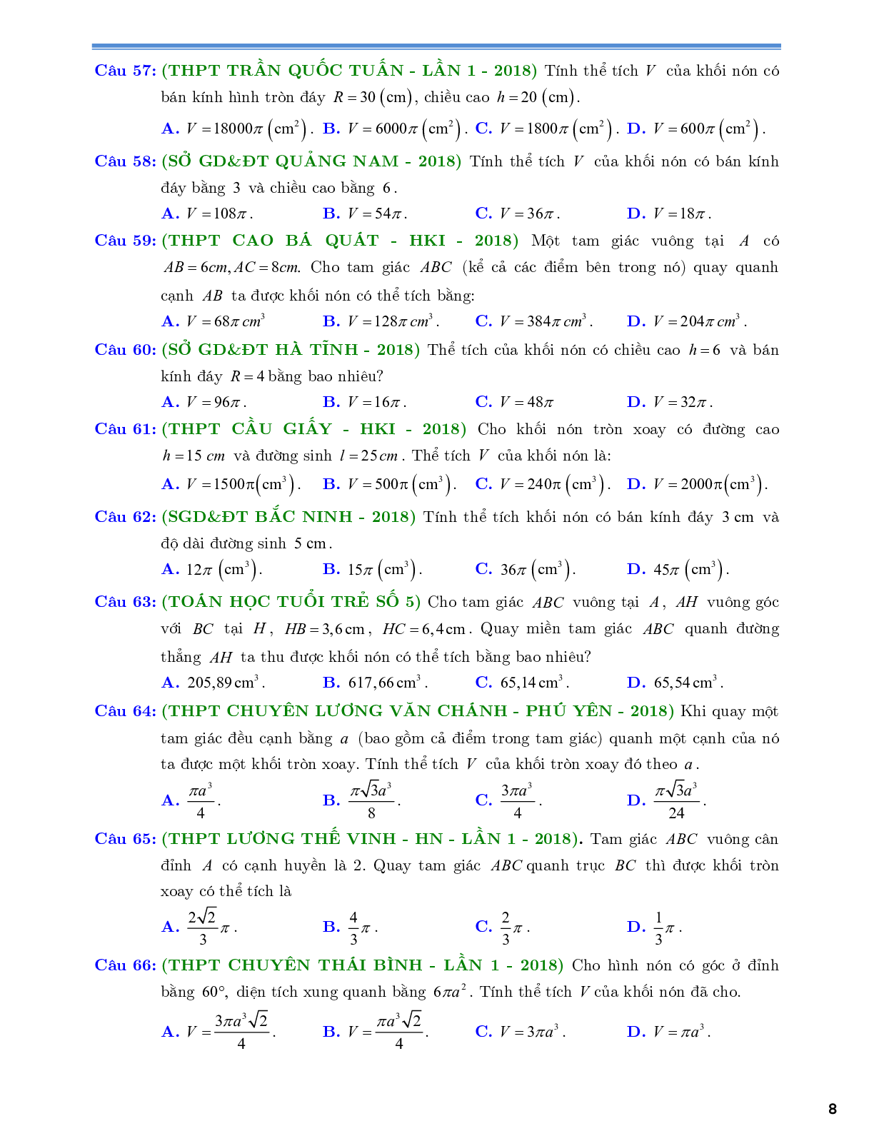 Phân dạng và bài tập trắc nghiệm mặt cầu - mặt trụ - mặt nón (trang 8)