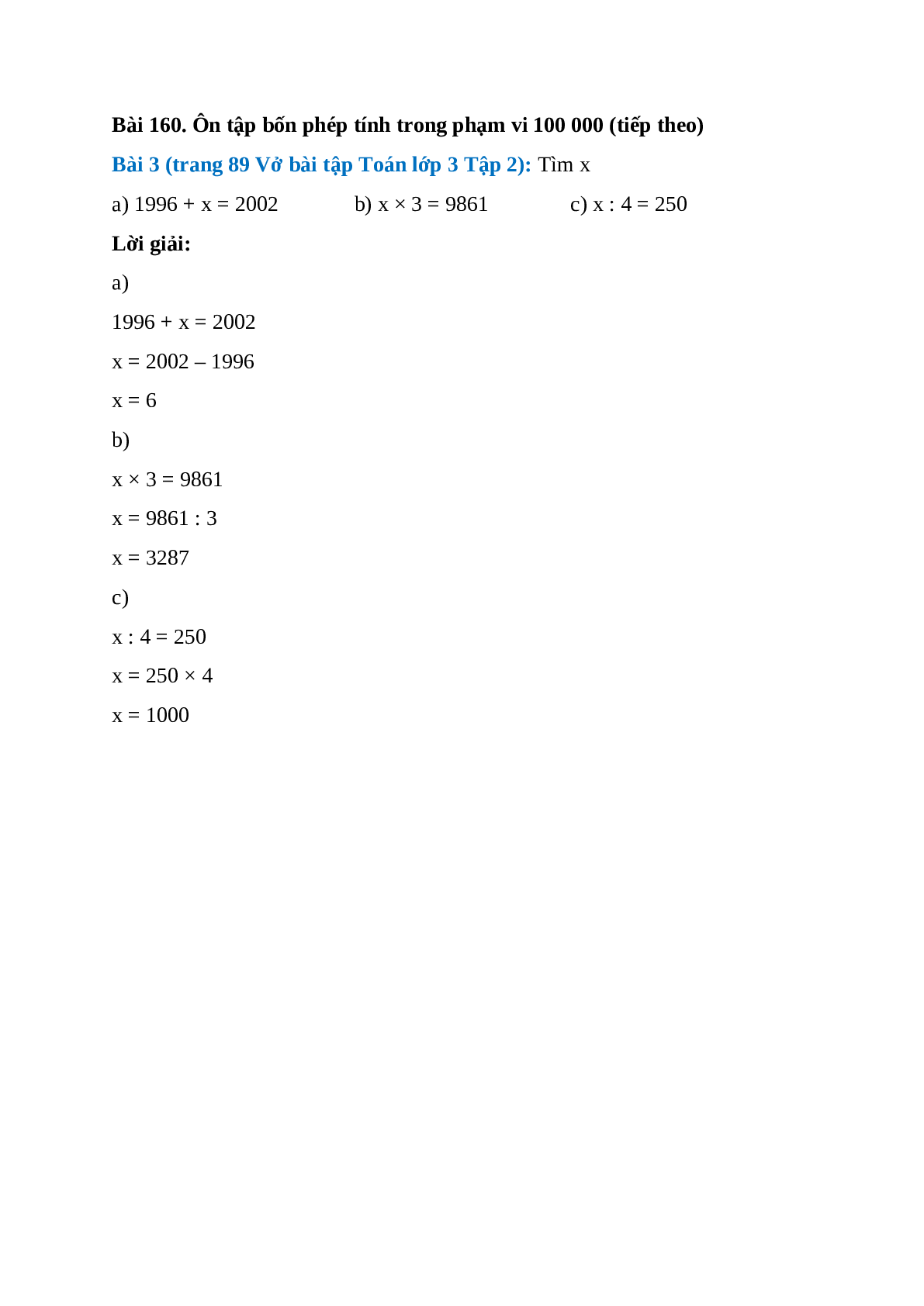 Tìm x: 1996 + x = 2002, x × 3 = 9861, x : 4 = 250 (trang 1)