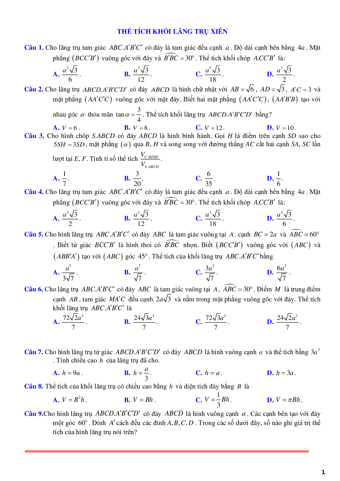 61 câu trắc nghiệm về thể tích khối lăng trụ xiên có lời giải chi tiết (trang 1)