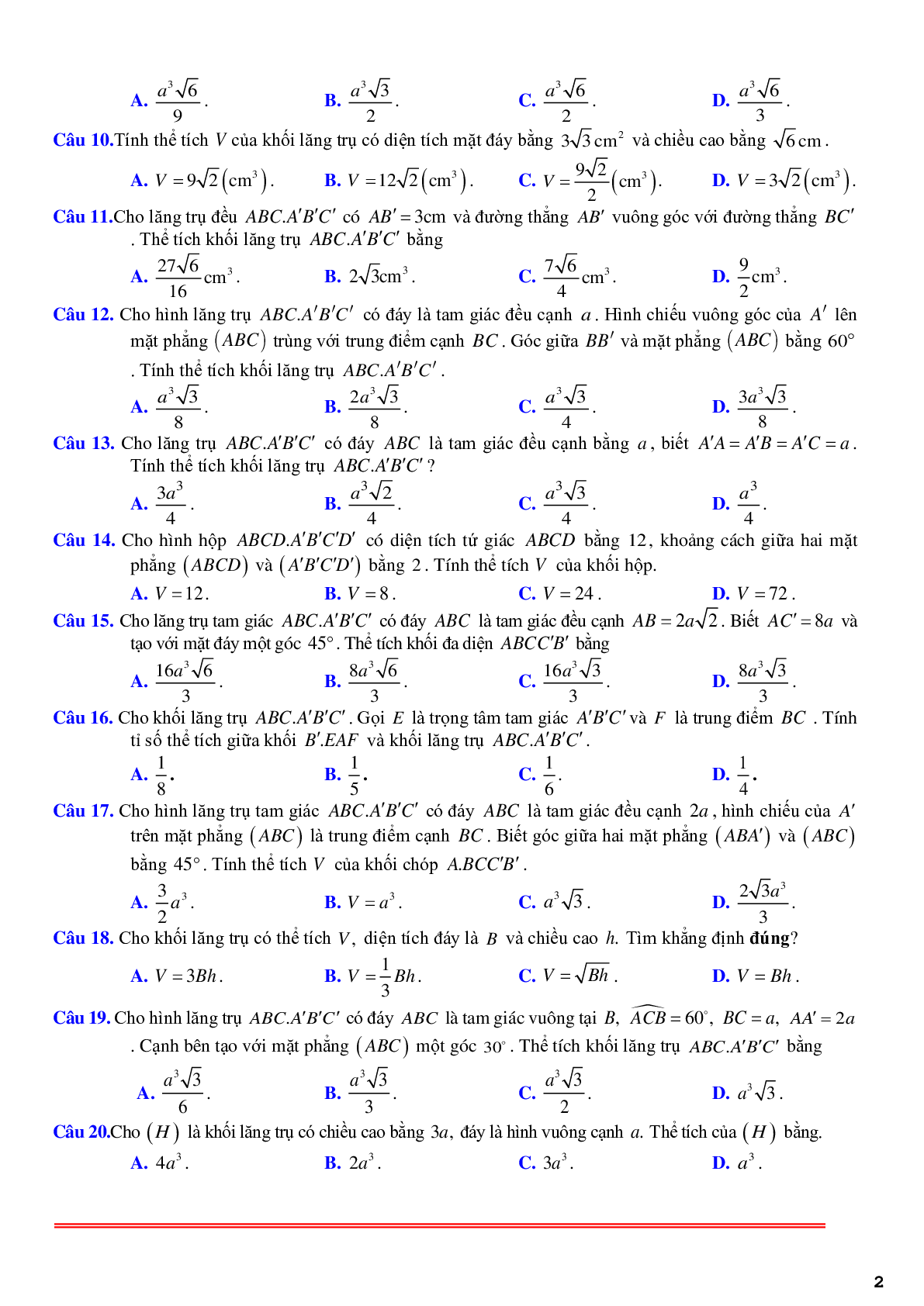 61 câu trắc nghiệm về thể tích khối lăng trụ xiên có lời giải chi tiết (trang 2)
