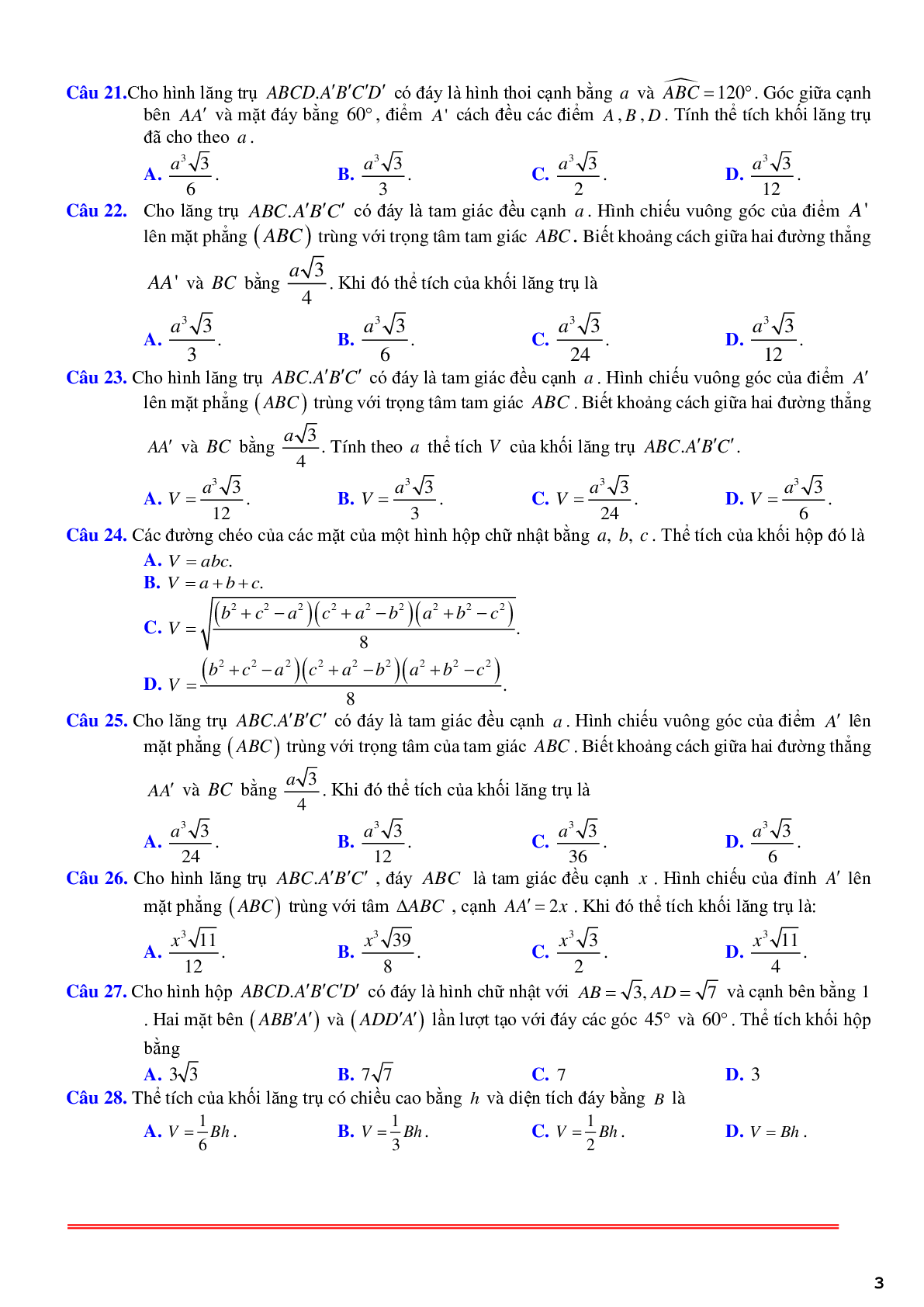 61 câu trắc nghiệm về thể tích khối lăng trụ xiên có lời giải chi tiết (trang 3)