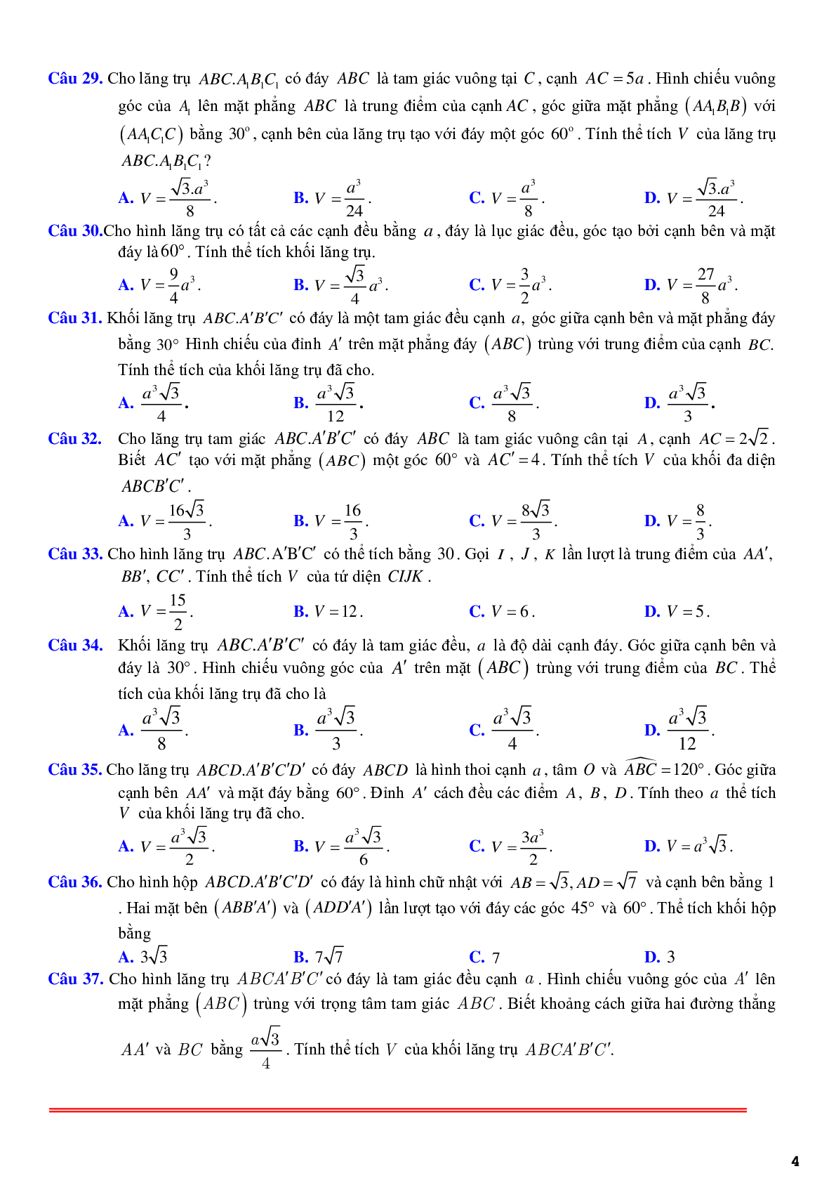 61 câu trắc nghiệm về thể tích khối lăng trụ xiên có lời giải chi tiết (trang 4)