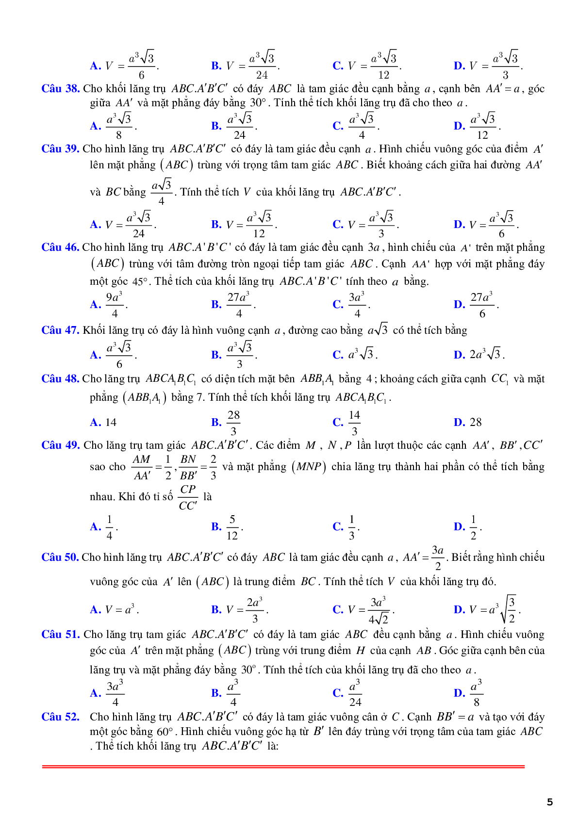 61 câu trắc nghiệm về thể tích khối lăng trụ xiên có lời giải chi tiết (trang 5)