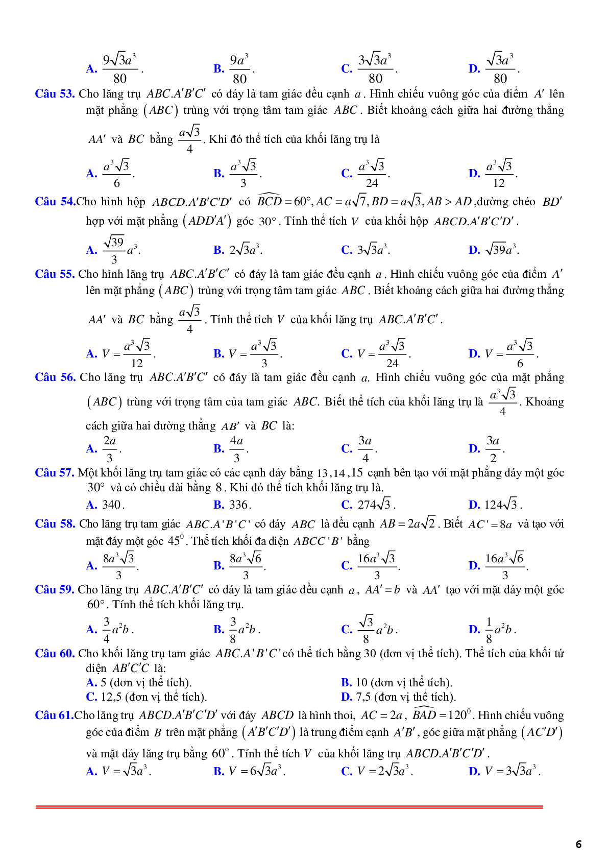 61 câu trắc nghiệm về thể tích khối lăng trụ xiên có lời giải chi tiết (trang 6)