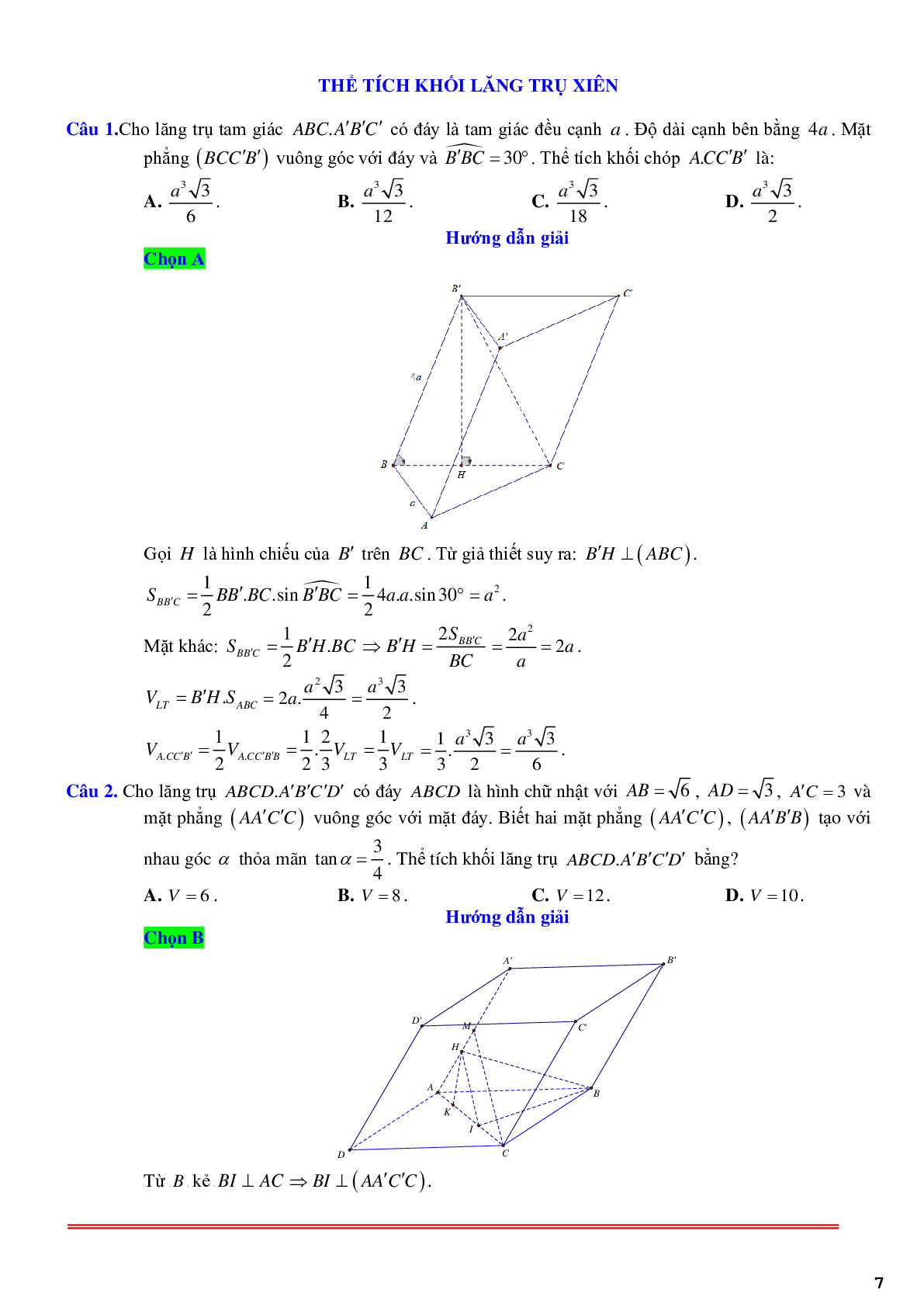 61 câu trắc nghiệm về thể tích khối lăng trụ xiên có lời giải chi tiết (trang 7)