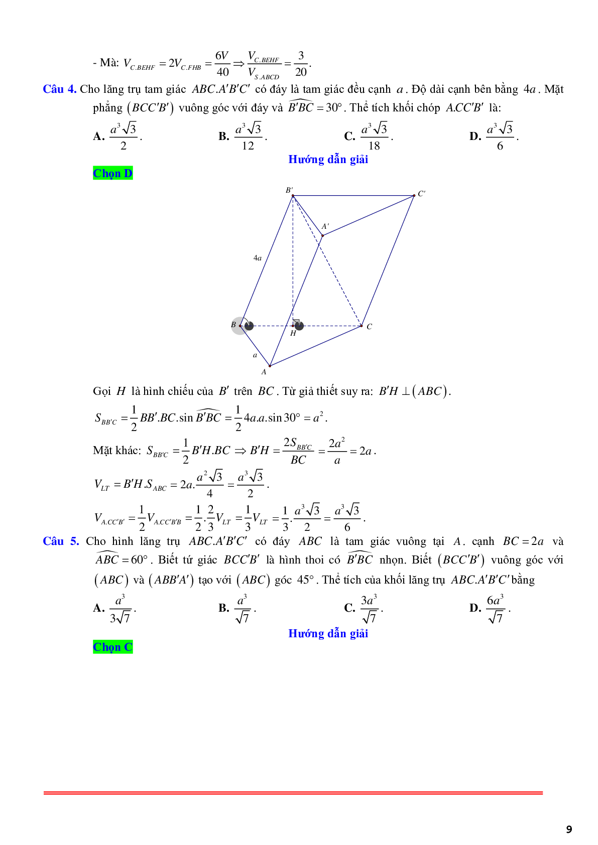 61 câu trắc nghiệm về thể tích khối lăng trụ xiên có lời giải chi tiết (trang 9)