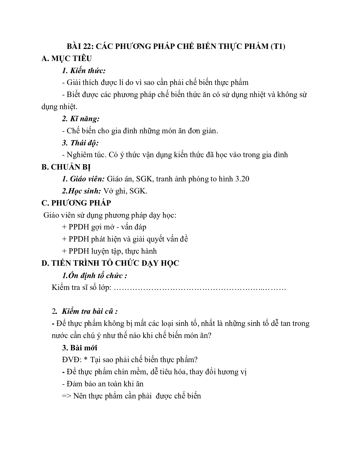 GIÁO ÁN CÔNG NGHỆ 6 BÀI 22: CÁC PHƯƠNG PHÁP CHẾ BIẾN THỰC PHẨM (T1) MỚI NHẤT – CV5512 (trang 1)