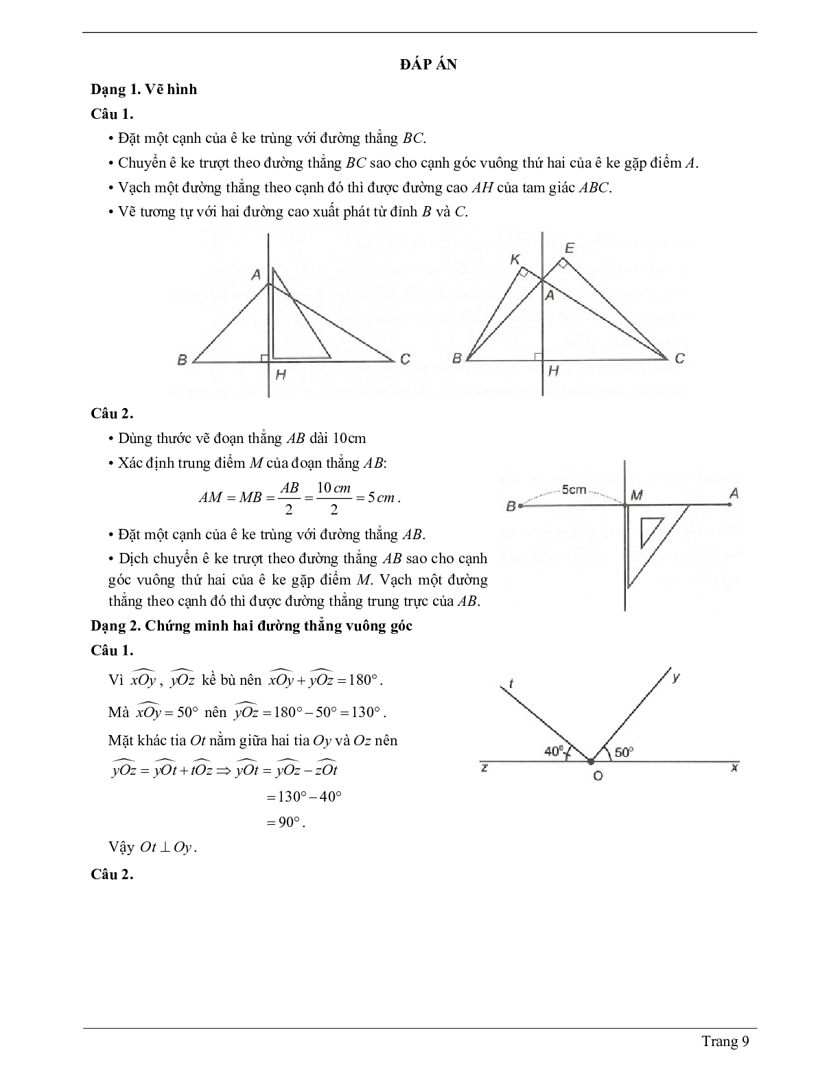 Lý thuyết Toán 7 có đáp án: Hai đường thẳng vuông góc (trang 9)