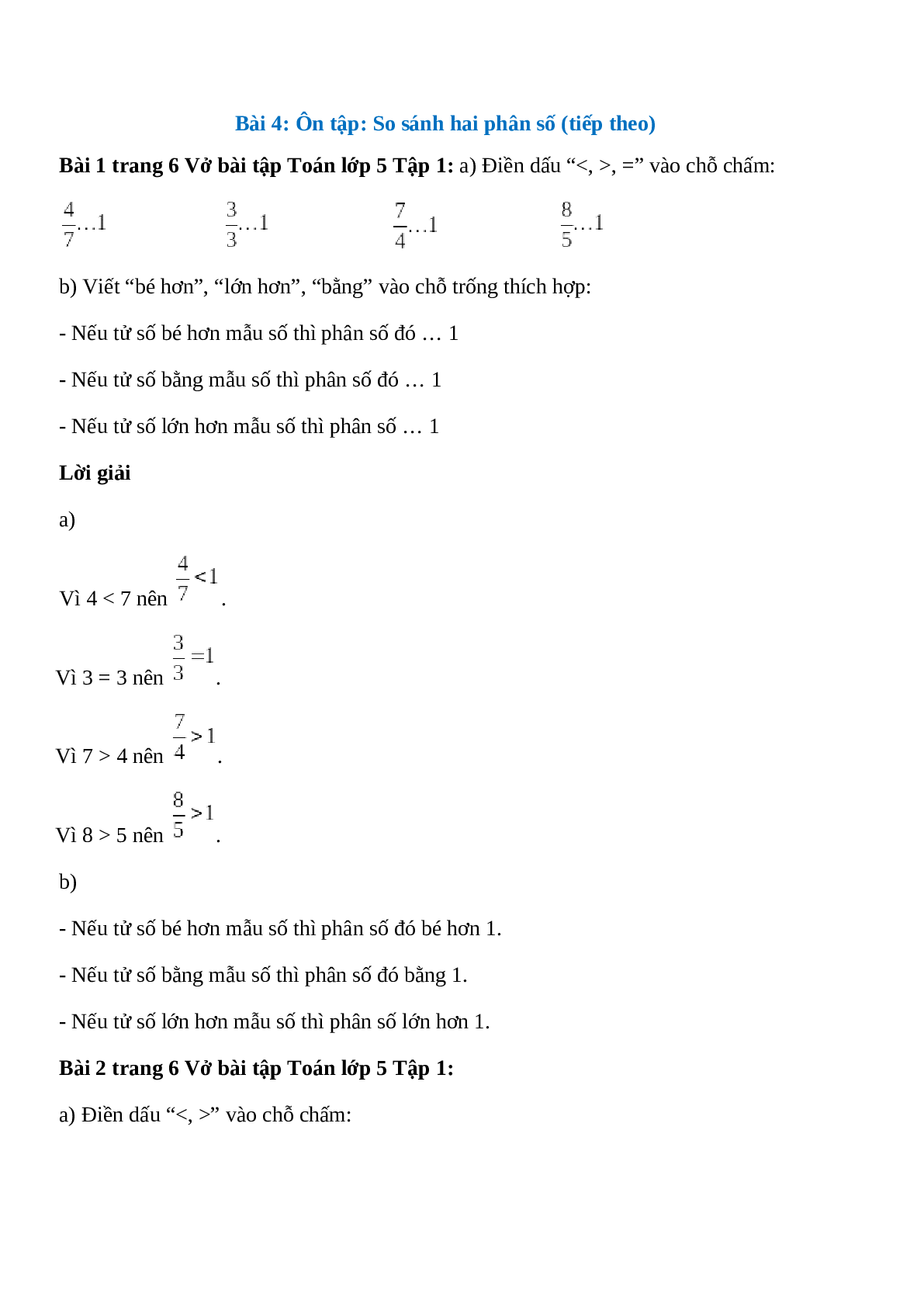 Vở bài tập Toán lớp 5 Tập 1 trang 6 Bài 4: Ôn tập: So sánh hai phân số (tiếp theo) (trang 1)