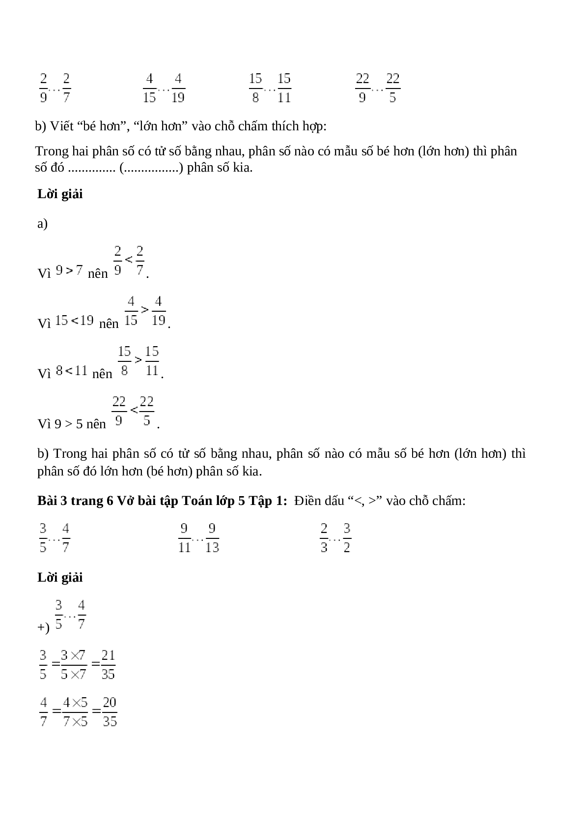 Vở bài tập Toán lớp 5 Tập 1 trang 6 Bài 4: Ôn tập: So sánh hai phân số (tiếp theo) (trang 2)