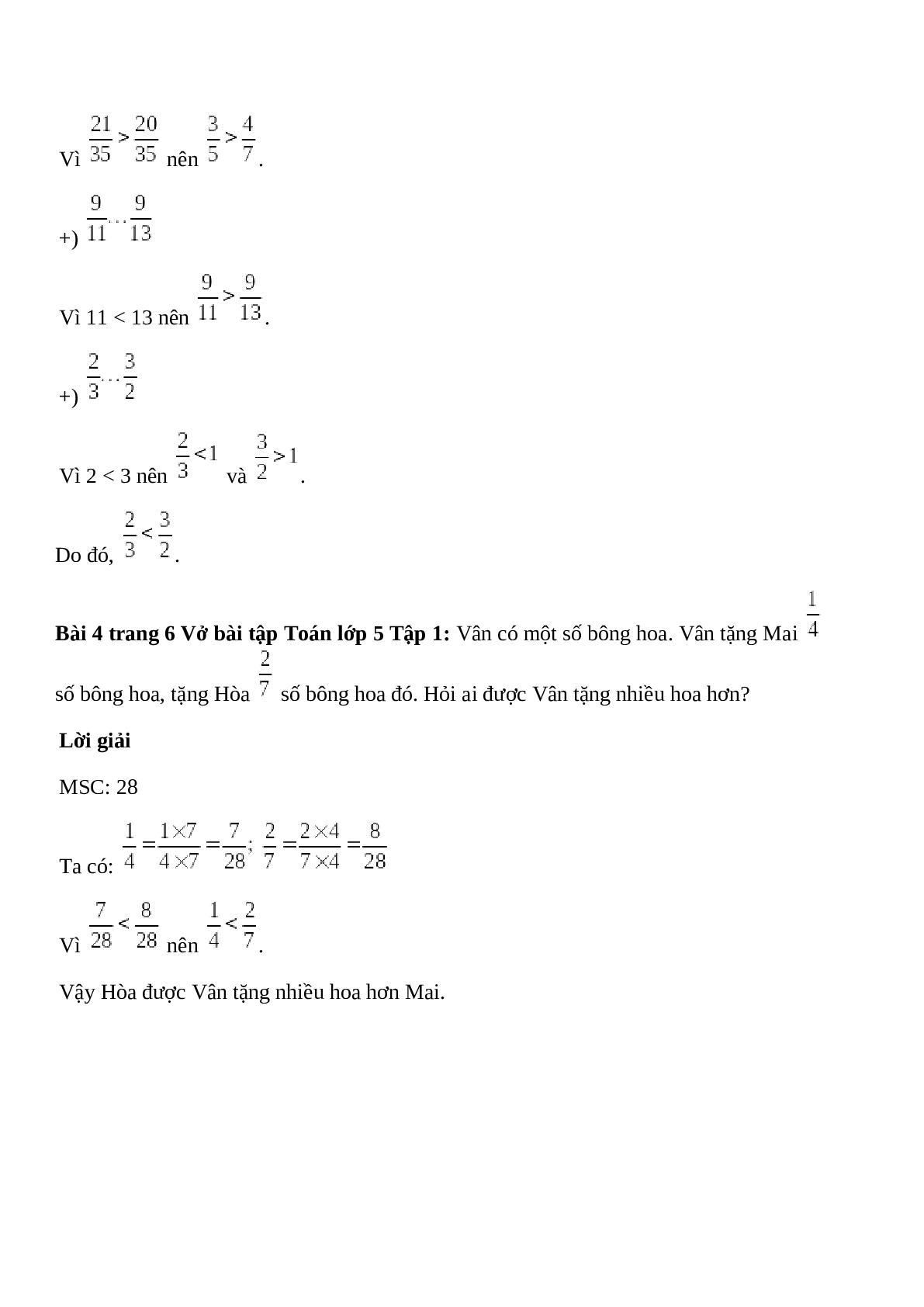 Vở bài tập Toán lớp 5 Tập 1 trang 6 Bài 4: Ôn tập: So sánh hai phân số (tiếp theo) (trang 3)