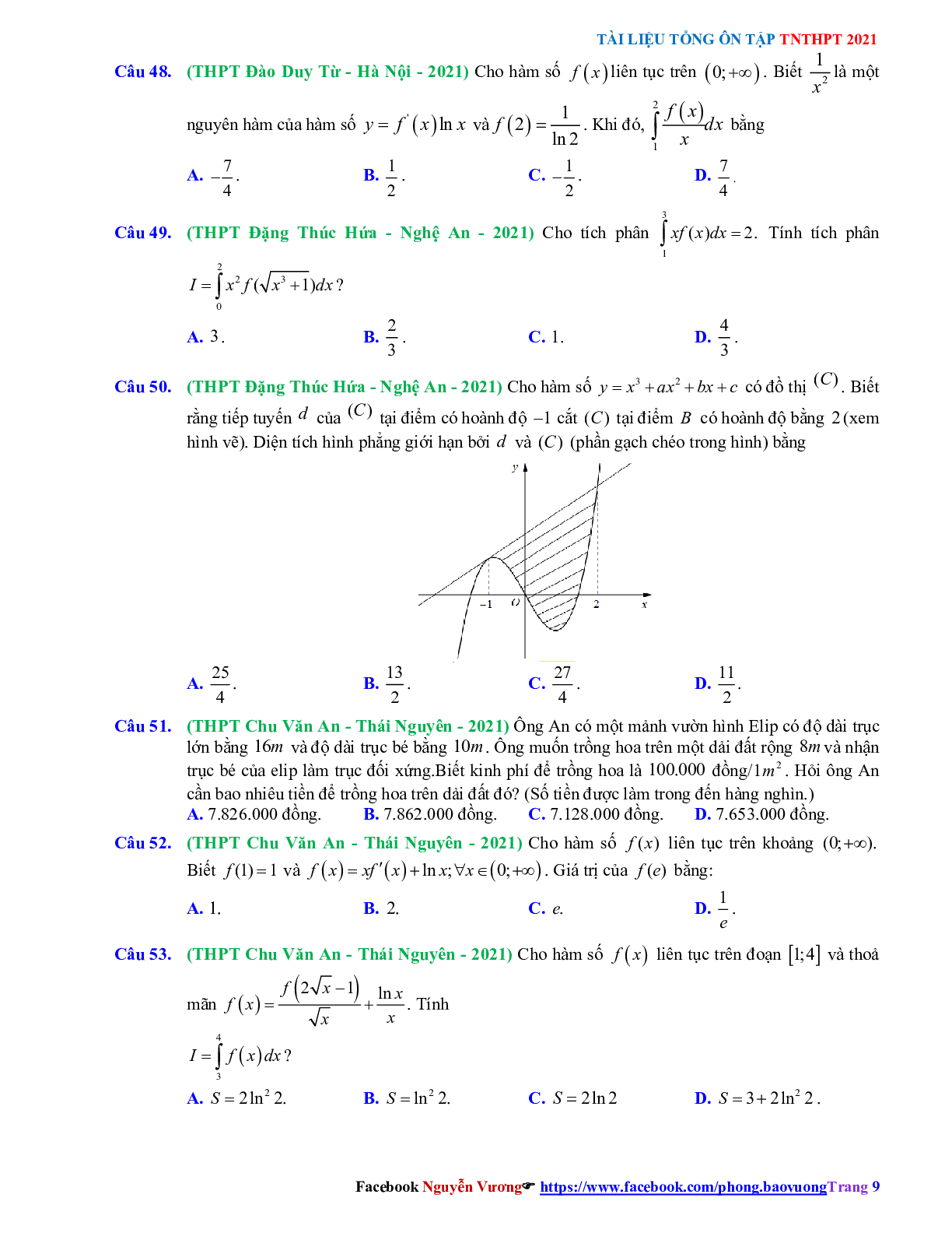 Trắc nghiệm Ôn thi THPT QG Toán 12 có đáp án: Câu hỏi nguyên hàm - tích phân mức độ vận dụng (trang 9)