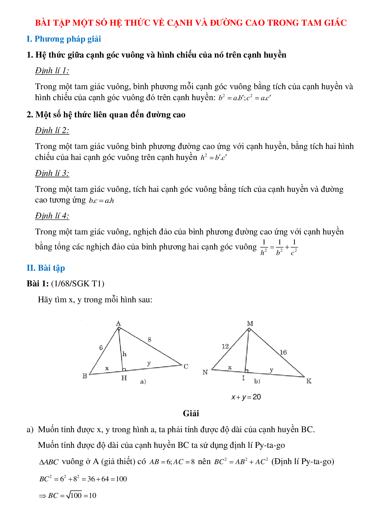 50 Bài tập Một số hệ thức về cạnh và đường cao trong tam giác (có đáp án)- Toán 9 (trang 1)