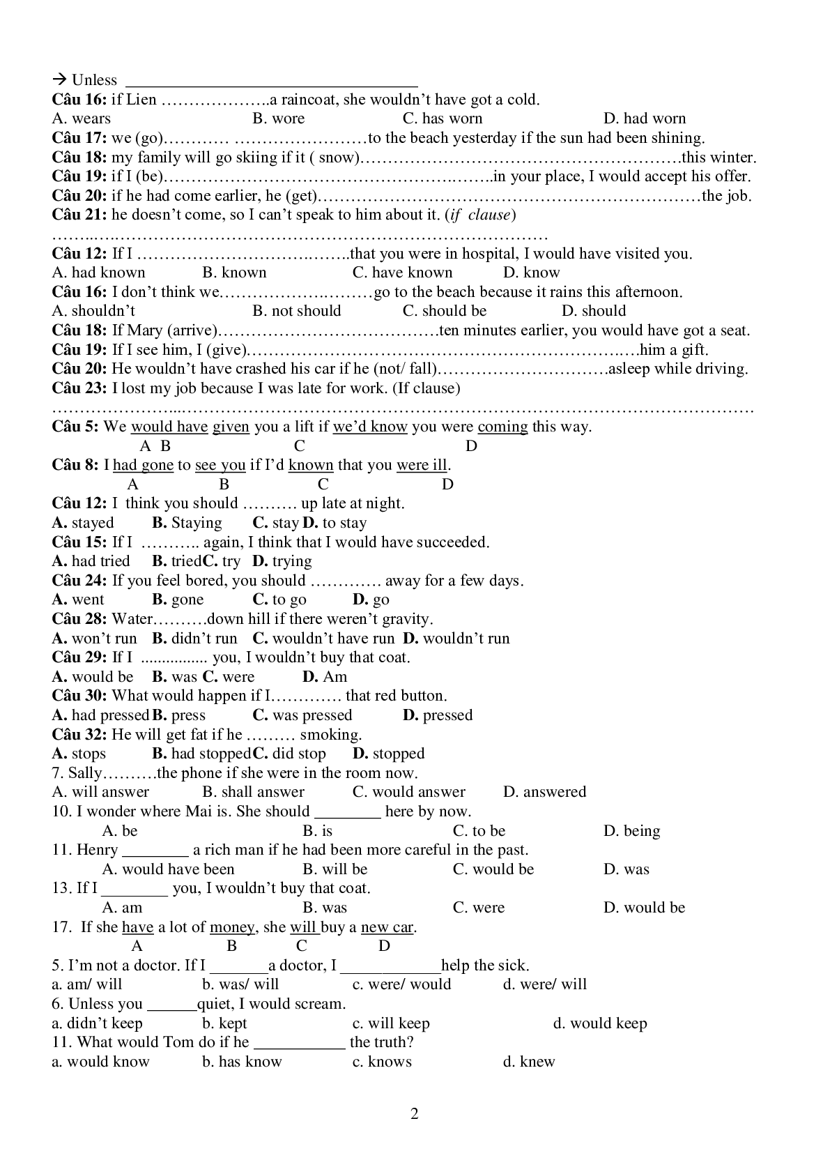 Bài tập tổng hợp câu điều kiện môn Tiếng Anh 10 có đáp án, chọn lọc (trang 2)