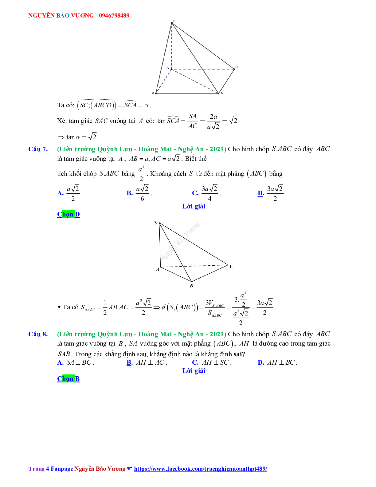Trắc nghiệm Ôn thi THPT QG Toán 12: Đáp án hình học không gian mức độ thông hiểu (trang 4)