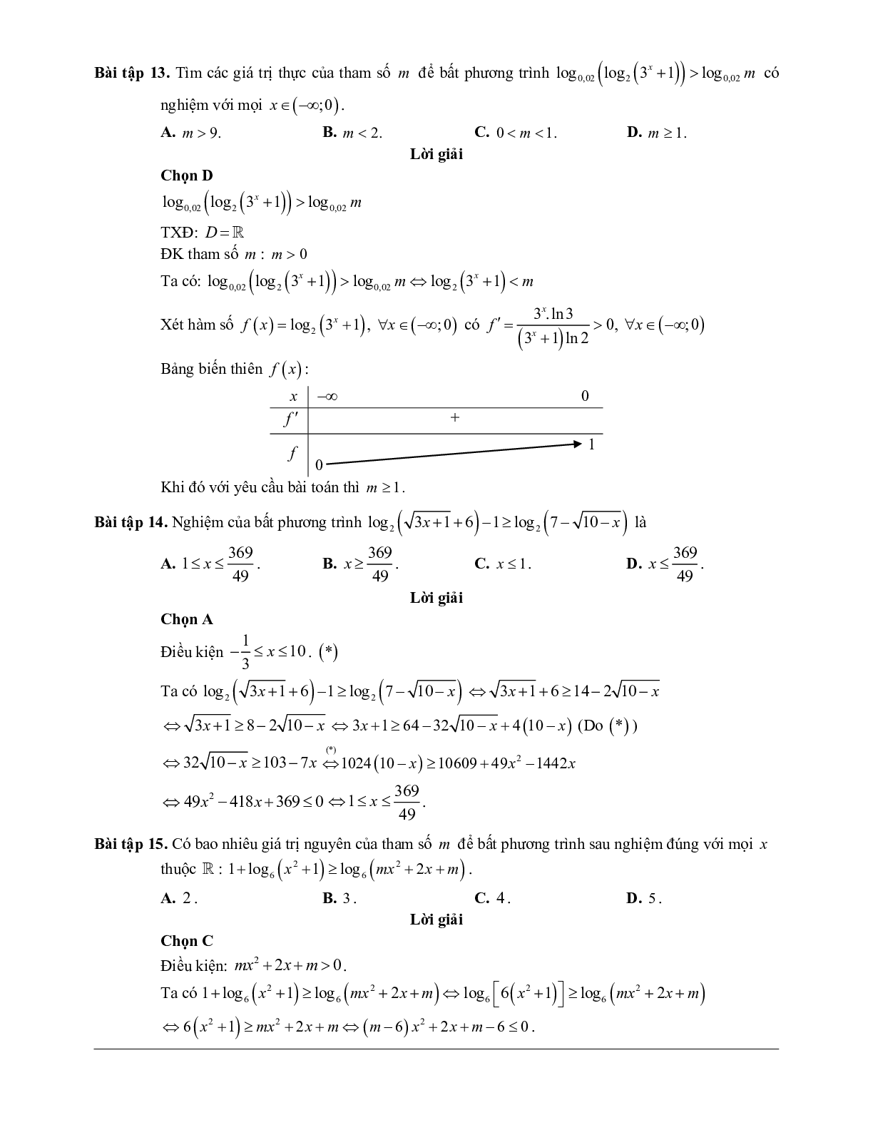 Các bài tập vận dụng cao bất phương trình mũ và bất phương trình logarit (trang 8)