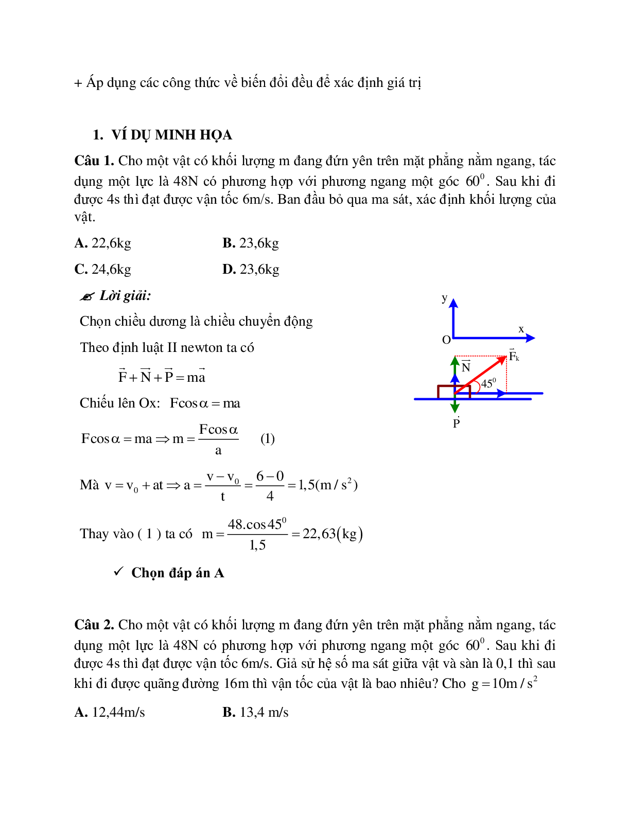 Bài tập về lực ma sát khi vật chuyển động theo phương ngang có đáp án (trang 2)
