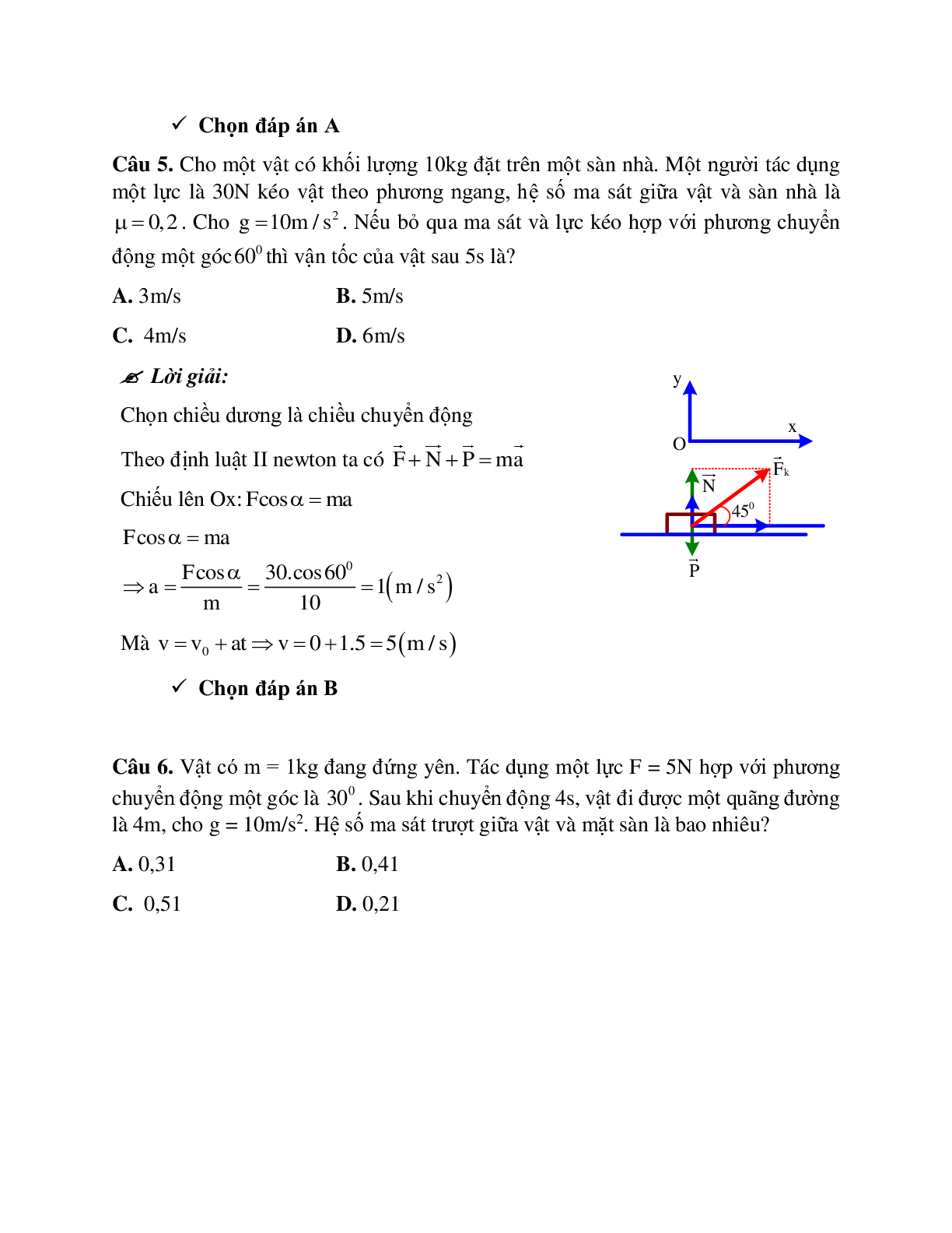 Bài tập về lực ma sát khi vật chuyển động theo phương ngang có đáp án (trang 5)