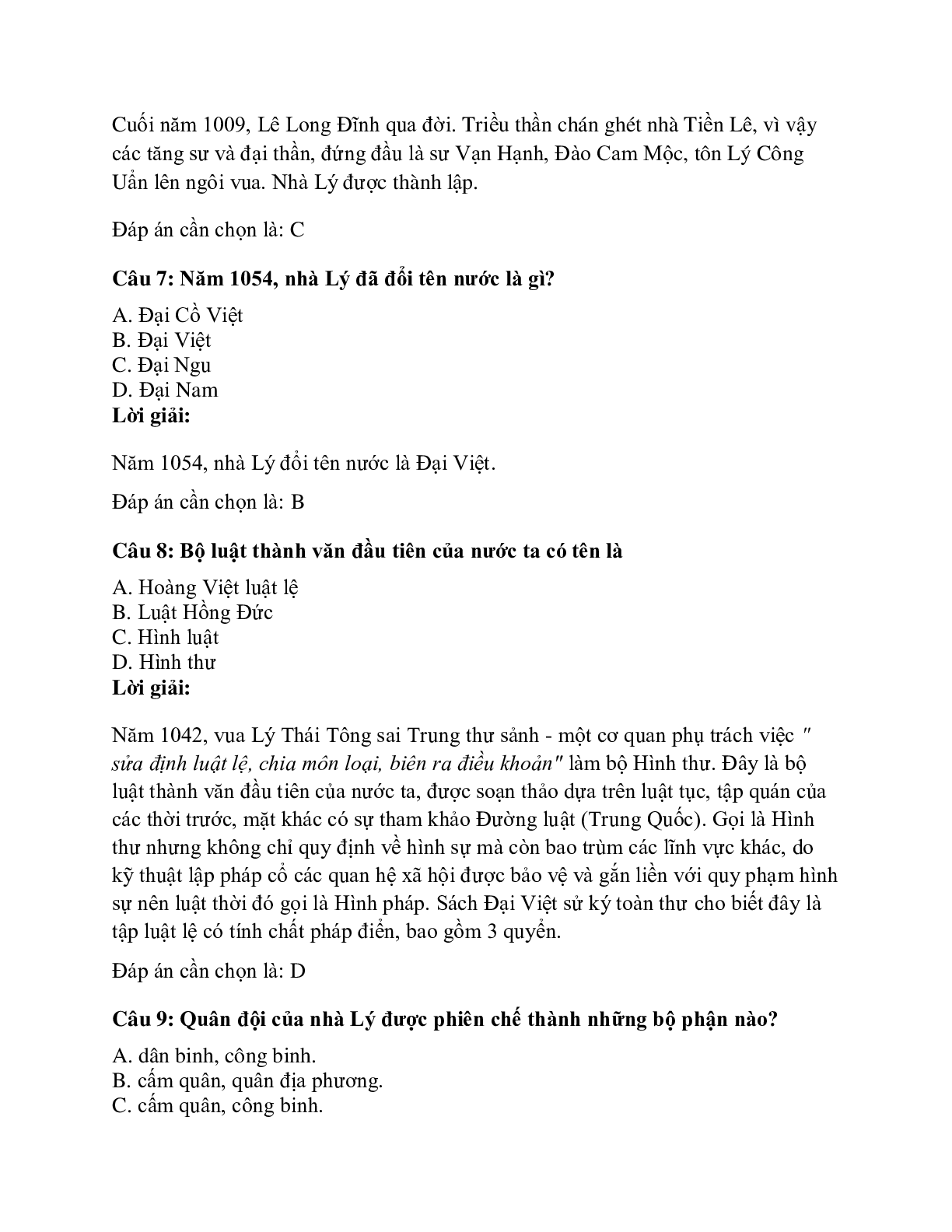 Trắc nghiệm Lịch sử 7 Bài 10 có đáp án: Nhà Lý đẩy mạnh xây dựng đất nước (trang 4)