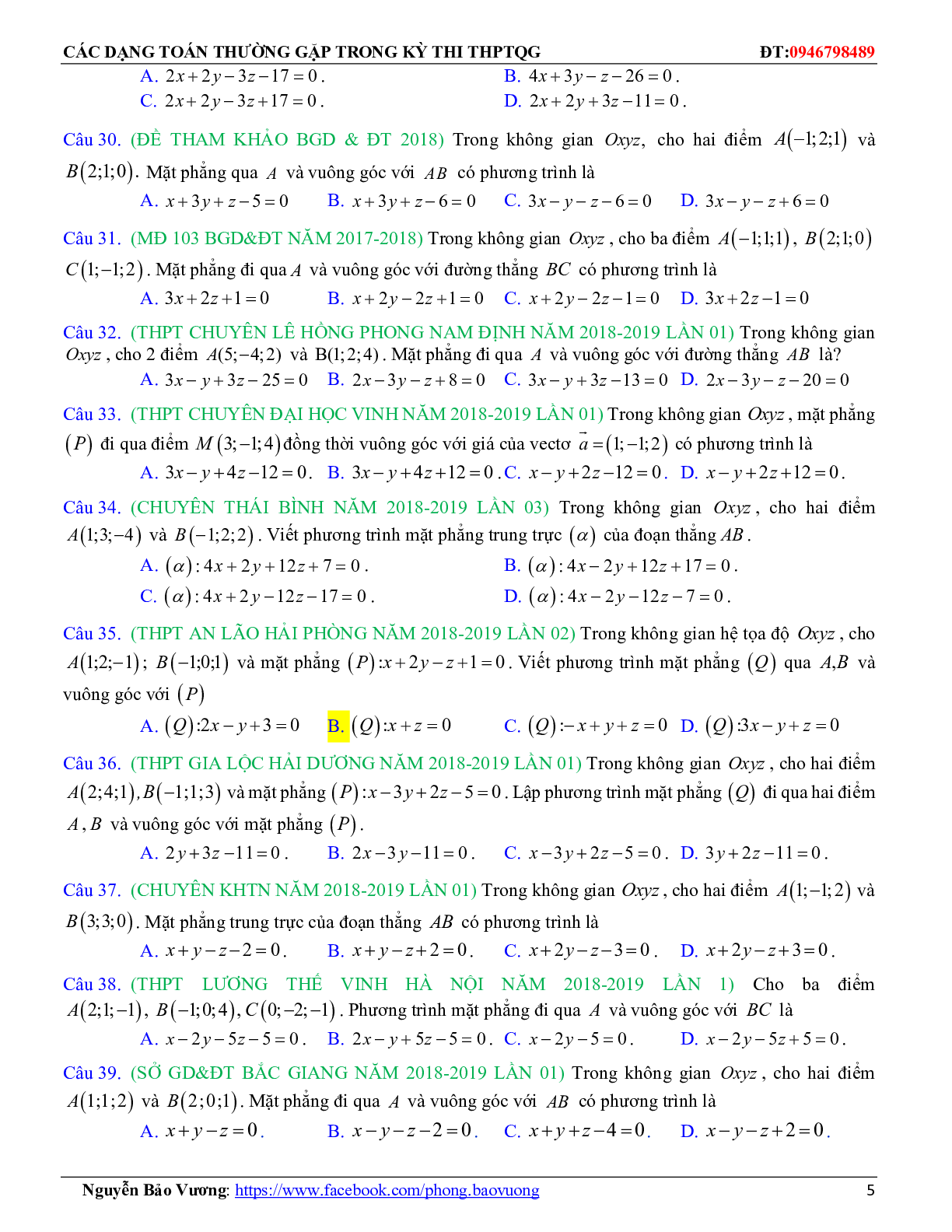 196 câu trắc nghiệm Phương trình đường thẳng có đáp án 2023 (trang 5)