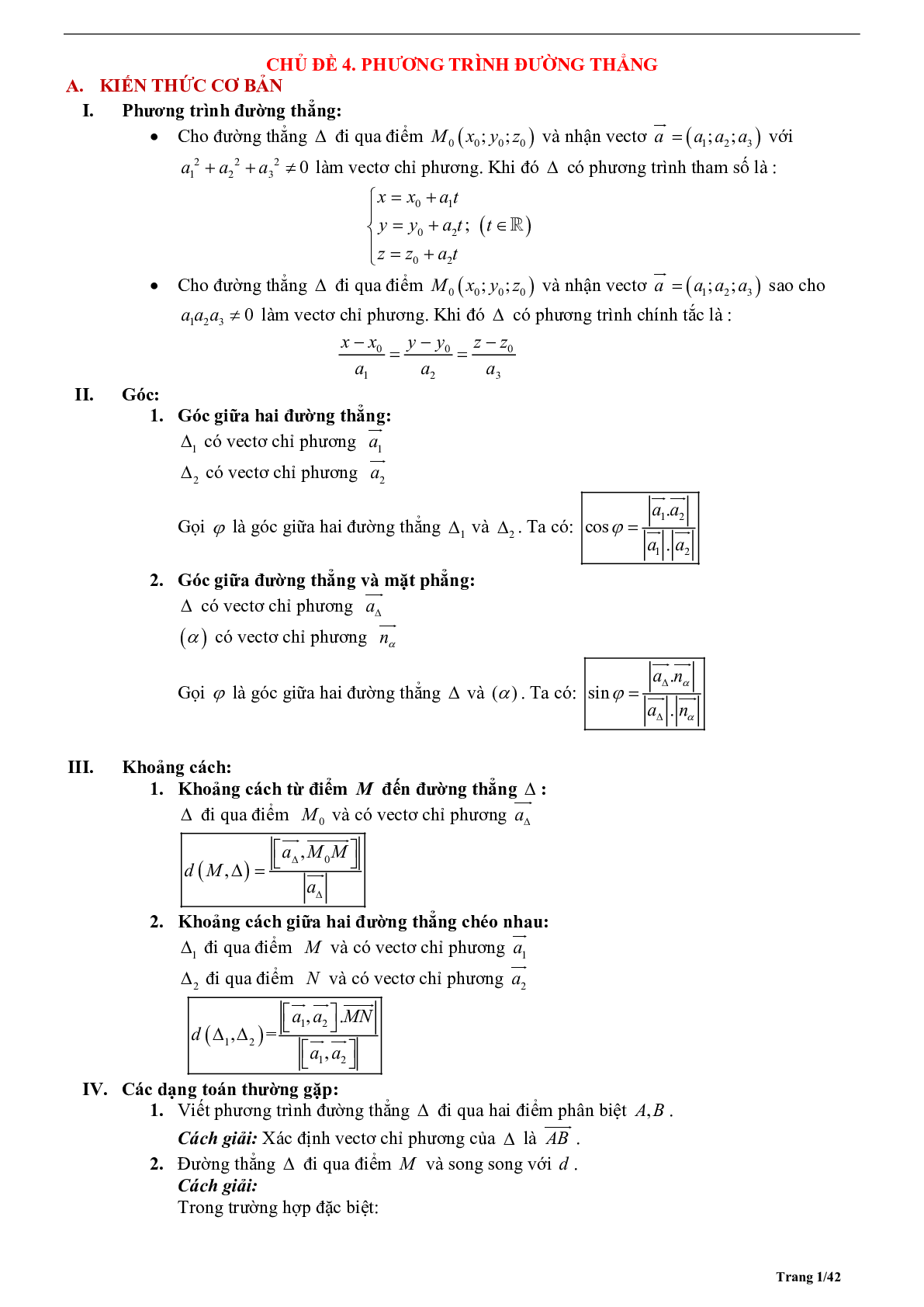 Tóm tắt lý thuyết và bài tập trắc nghiệm phương trình đường thẳng (trang 1)