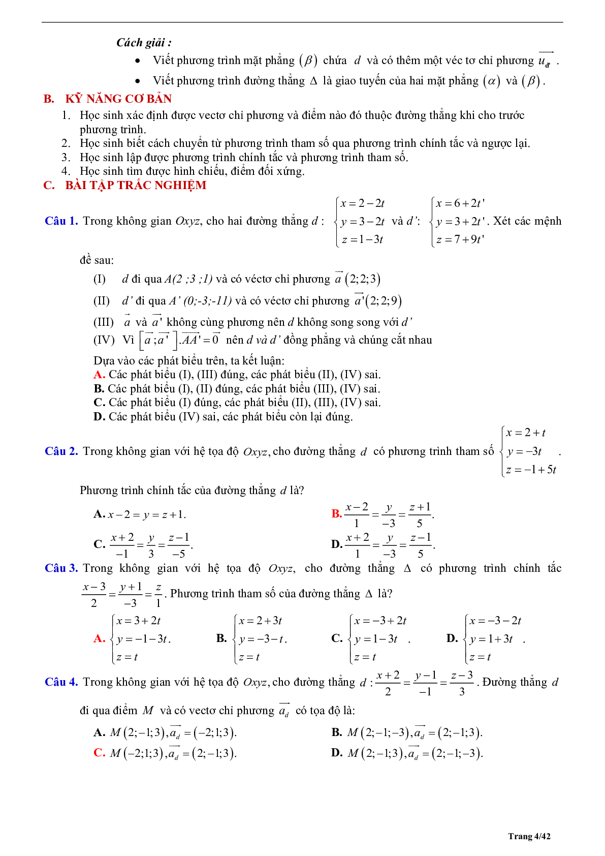 Tóm tắt lý thuyết và bài tập trắc nghiệm phương trình đường thẳng (trang 4)