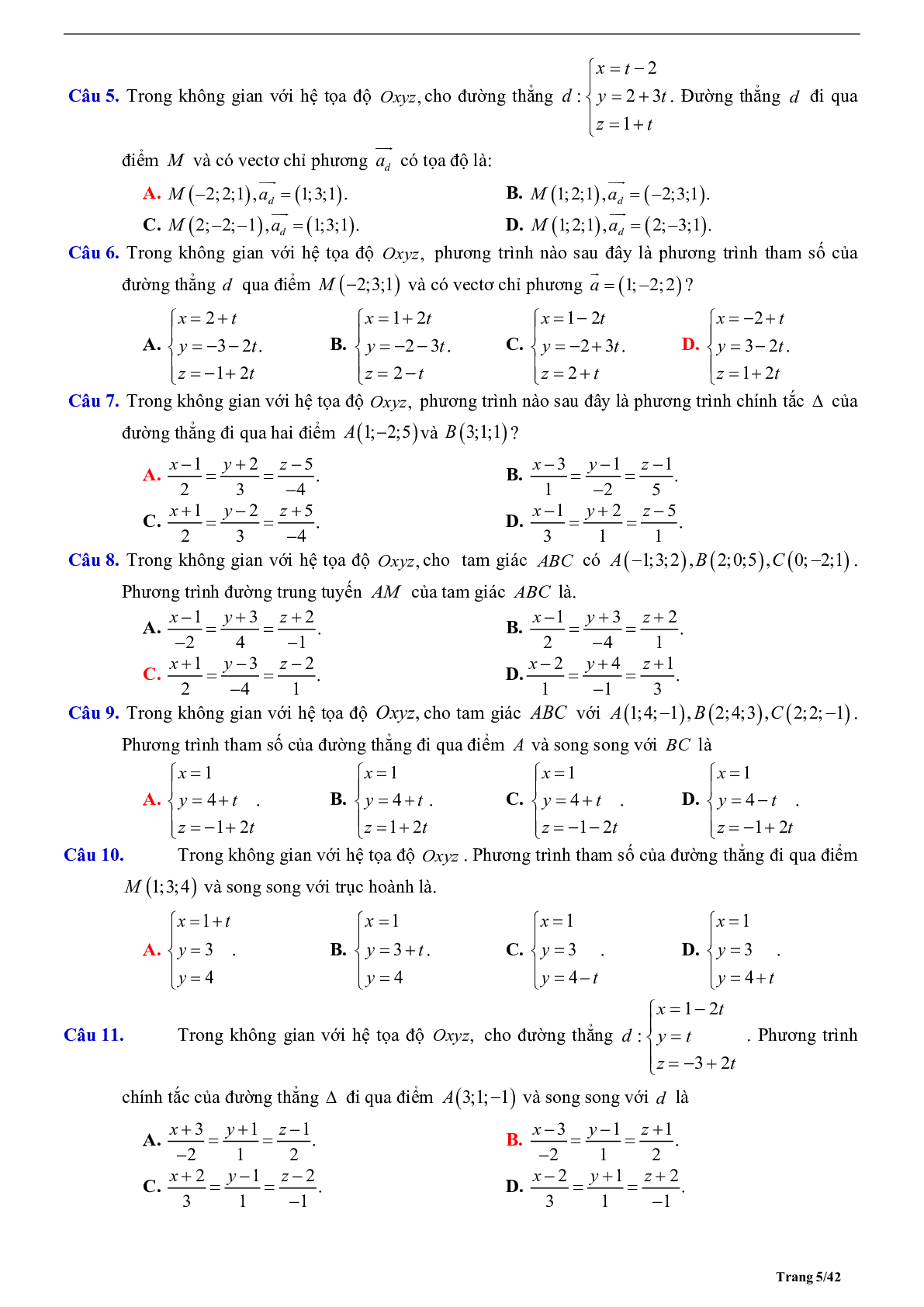 Tóm tắt lý thuyết và bài tập trắc nghiệm phương trình đường thẳng (trang 5)