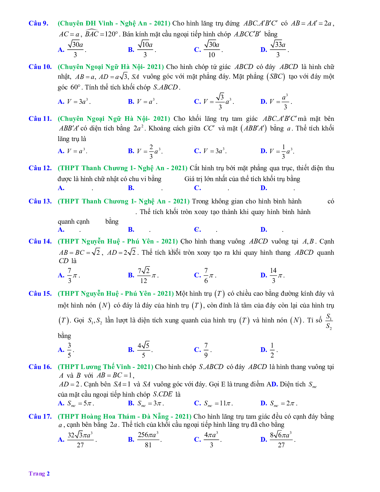 35 câu Trắc nghiệm Mặt nón, mặt trụ, mặt cầu mức độ vận dụng có đáp án 2023 (trang 2)