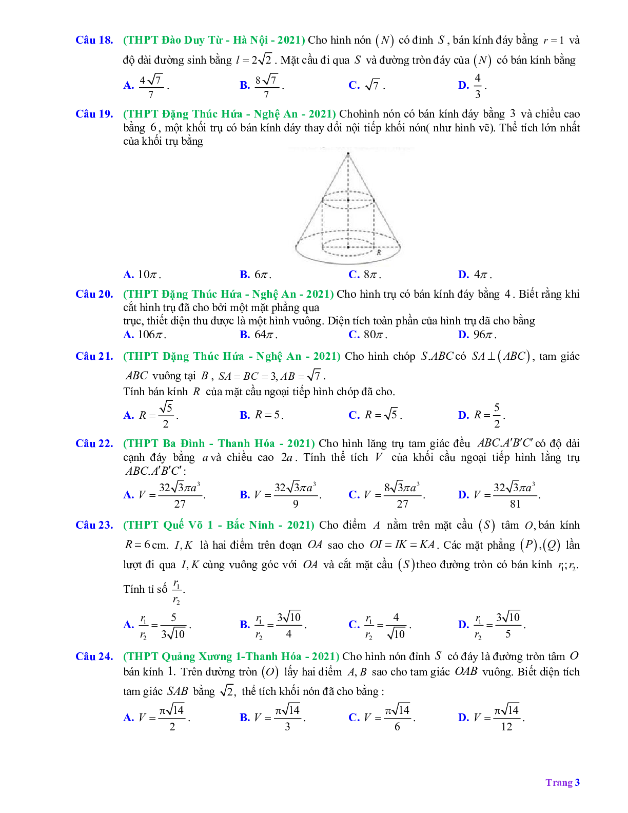 35 câu Trắc nghiệm Mặt nón, mặt trụ, mặt cầu mức độ vận dụng có đáp án 2023 (trang 3)