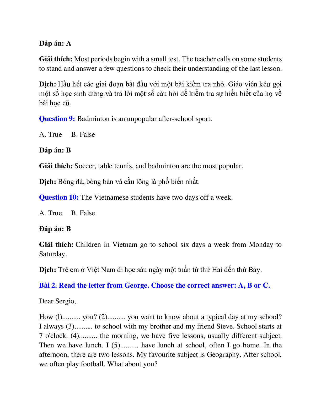 Trắc nghiệm Tiếng Anh 7 Unit 4 có đáp án: At school (trang 9)