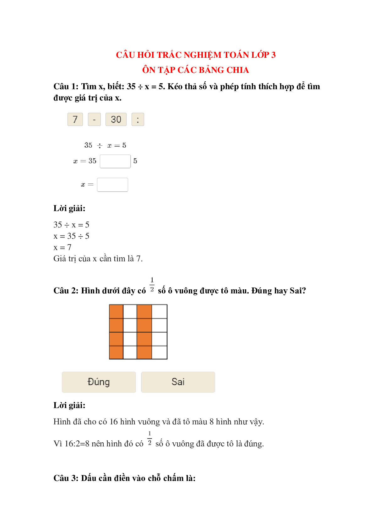 Trắc nghiệm Ôn tập các bảng chia có đáp án – Toán lớp 3 (trang 1)