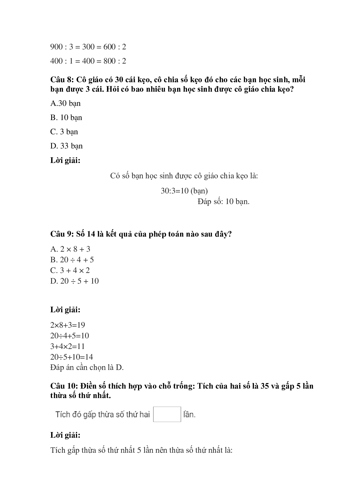 Trắc nghiệm Ôn tập các bảng chia có đáp án – Toán lớp 3 (trang 4)