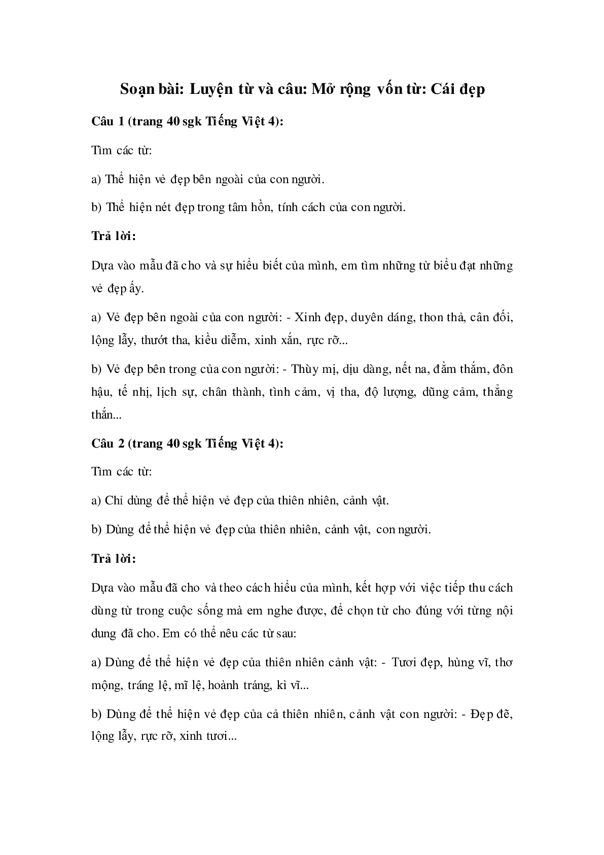Soạn Tiếng Việt lớp 4: Luyện từ và câu: Mở rộng vốn từ- Cái đẹp mới nhất (trang 1)