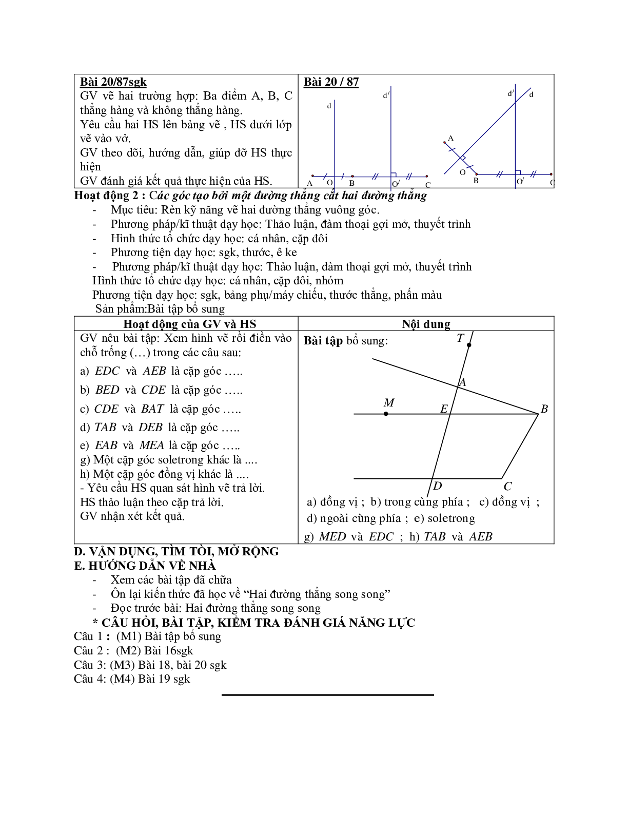 Giáo án Toán 7 bài 3: Các góc tạo bởi một đường thẳng cắt hai đường thẳng mới nhất (trang 6)