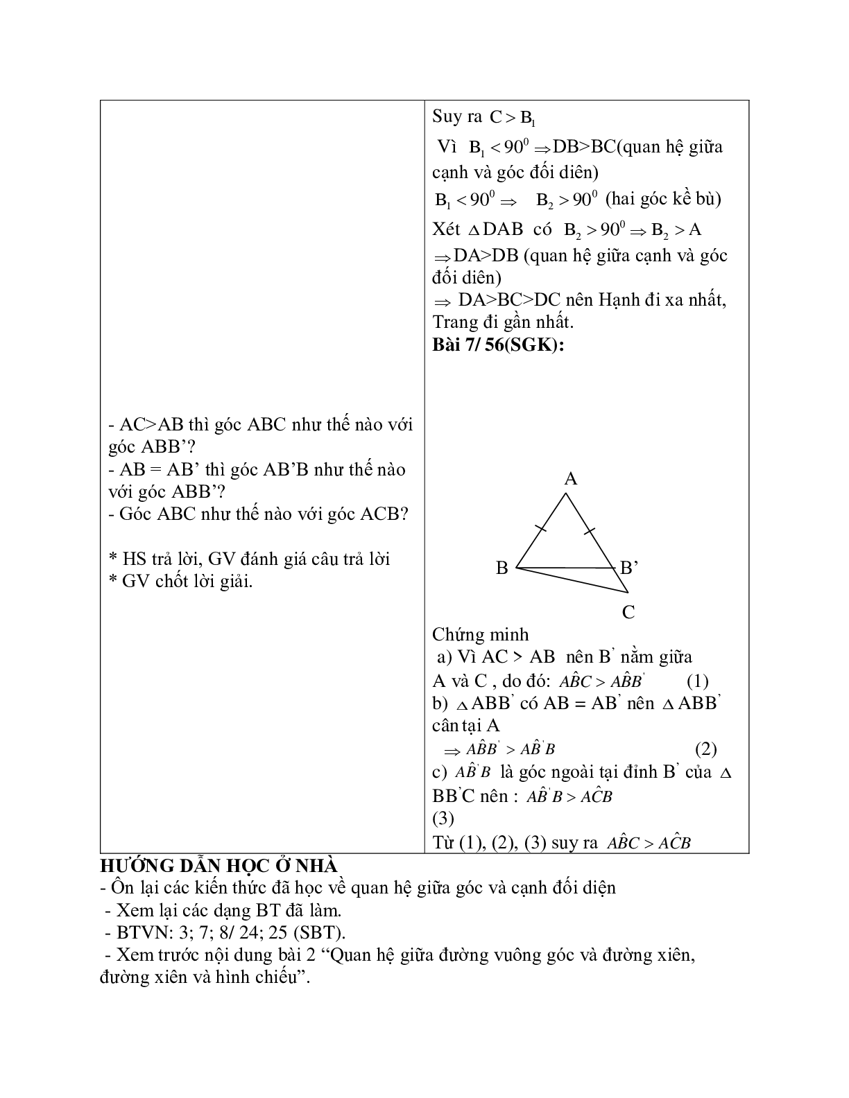 Giáo án Toán học 7 bài 1: Quan hệ giữa góc và cạnh đối diện trong một tam giác chuẩn nhất (trang 4)