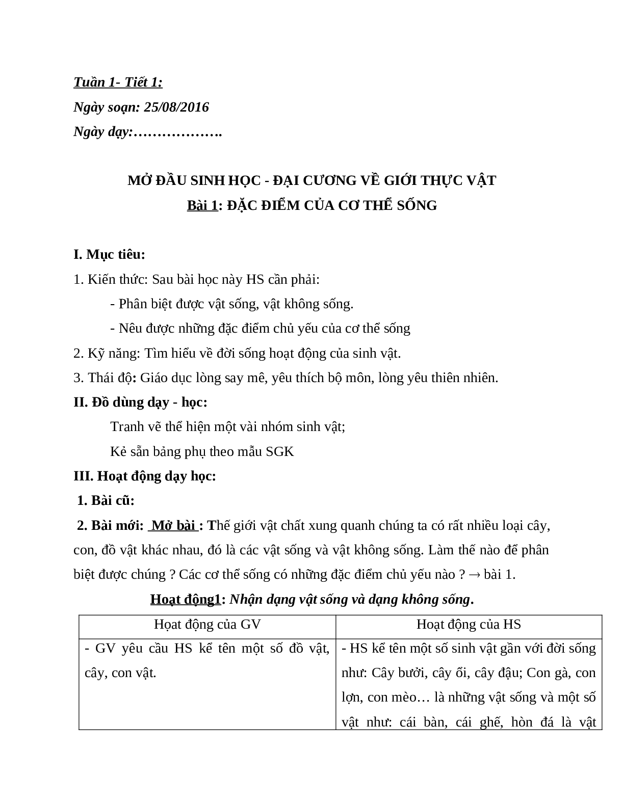 Giáo án Sinh học 6 Bài 1: Đặc điểm của cơ thể sống mới nhất - CV5512 (trang 1)