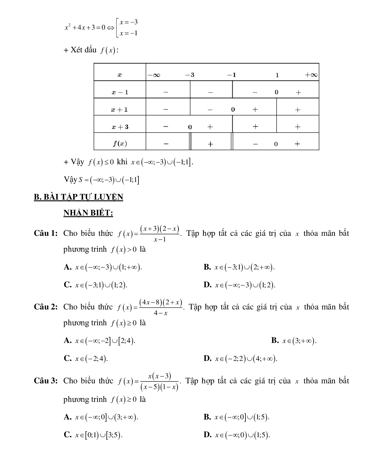Bài tập ứng dụng của dấu nhị thức bậc nhất giải bất phương trình chứa ẩn ở mẫu Toán 10 (trang 3)