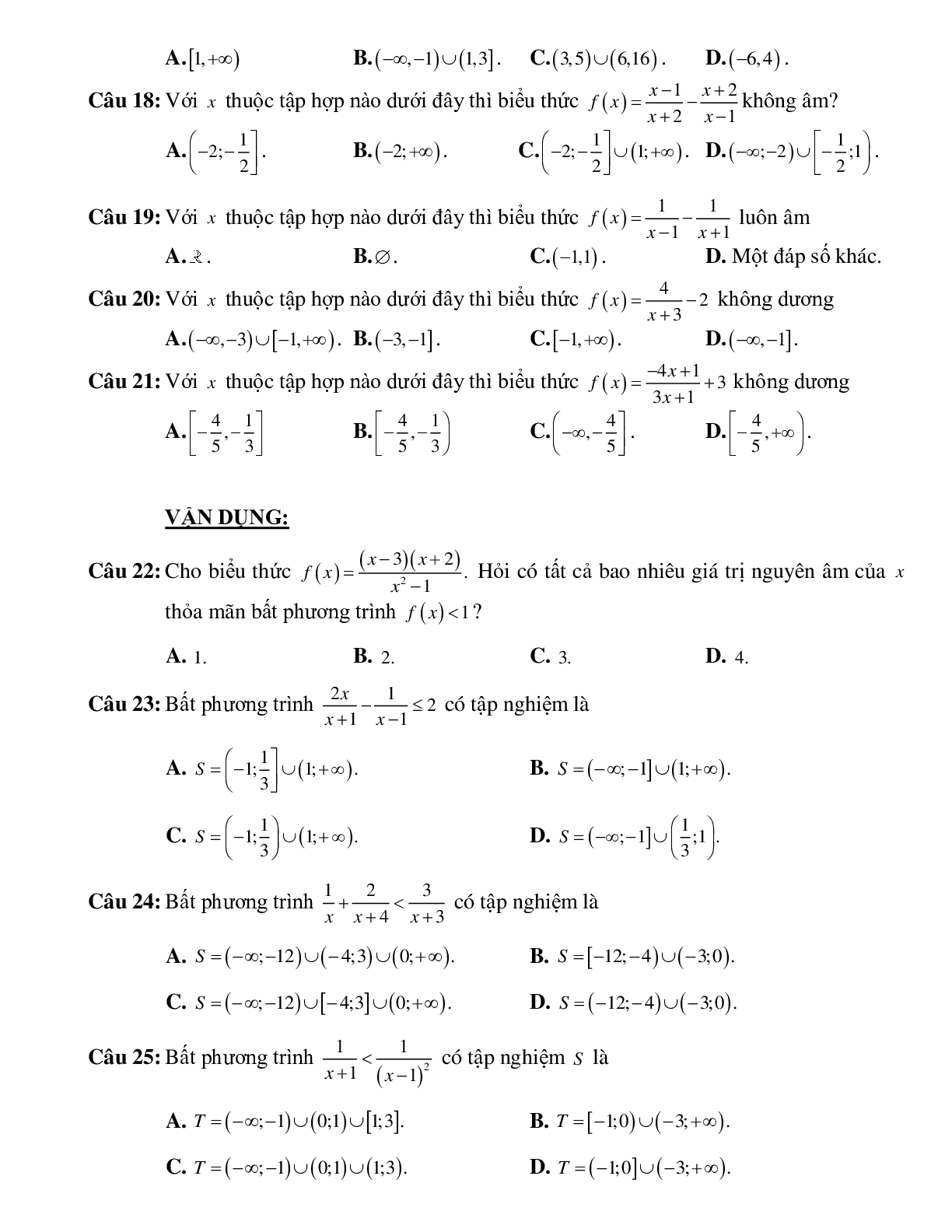 Bài tập ứng dụng của dấu nhị thức bậc nhất giải bất phương trình chứa ẩn ở mẫu Toán 10 (trang 6)