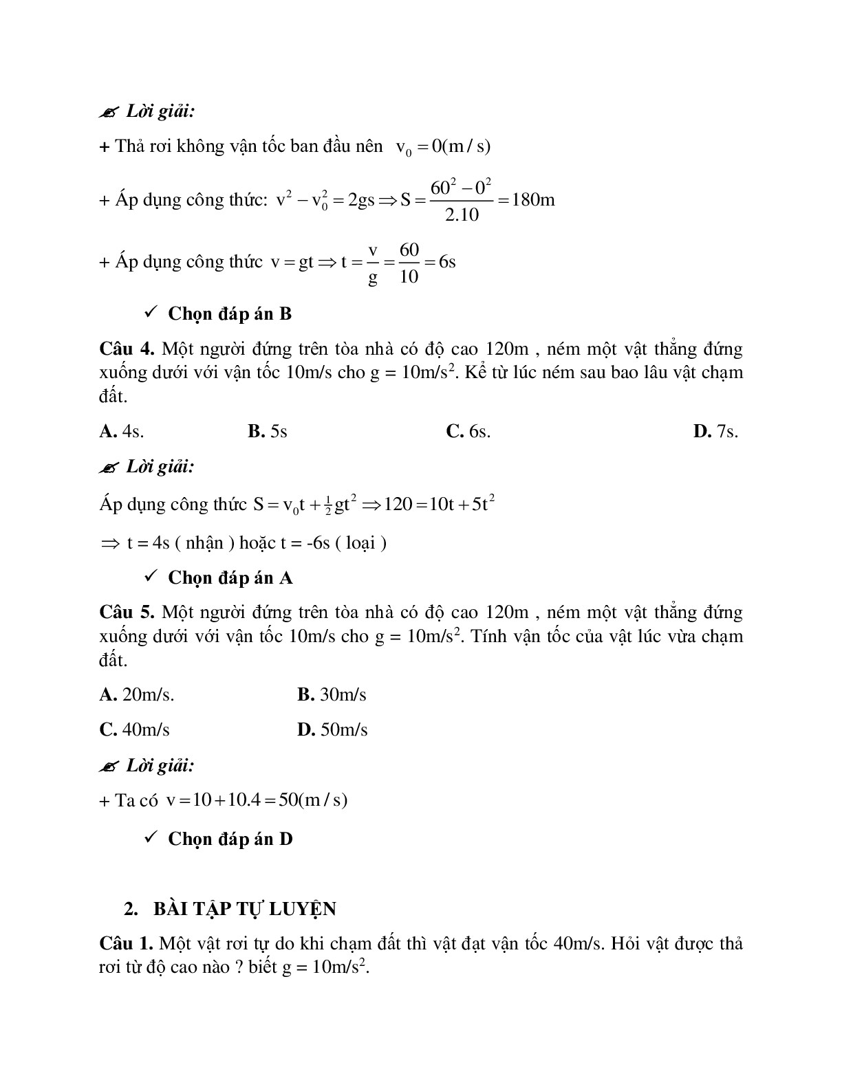 Phương pháp giải và bài tập về Vận dụng công thức tính quãng đường, vận tốc trong rơi tự do (trang 2)