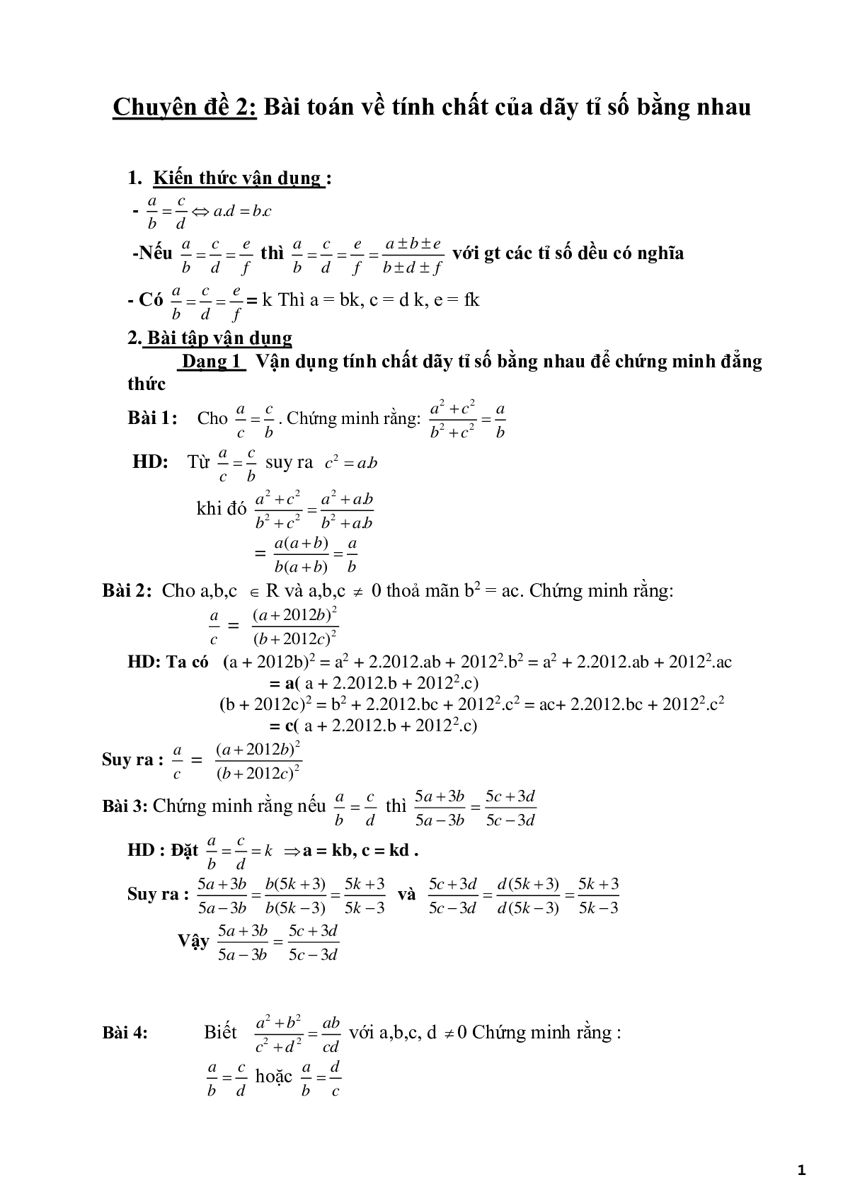 Chuyên đề 2 - Bài toán về tính chất của dãy tỉ số bằng nhau - có đáp án (trang 1)