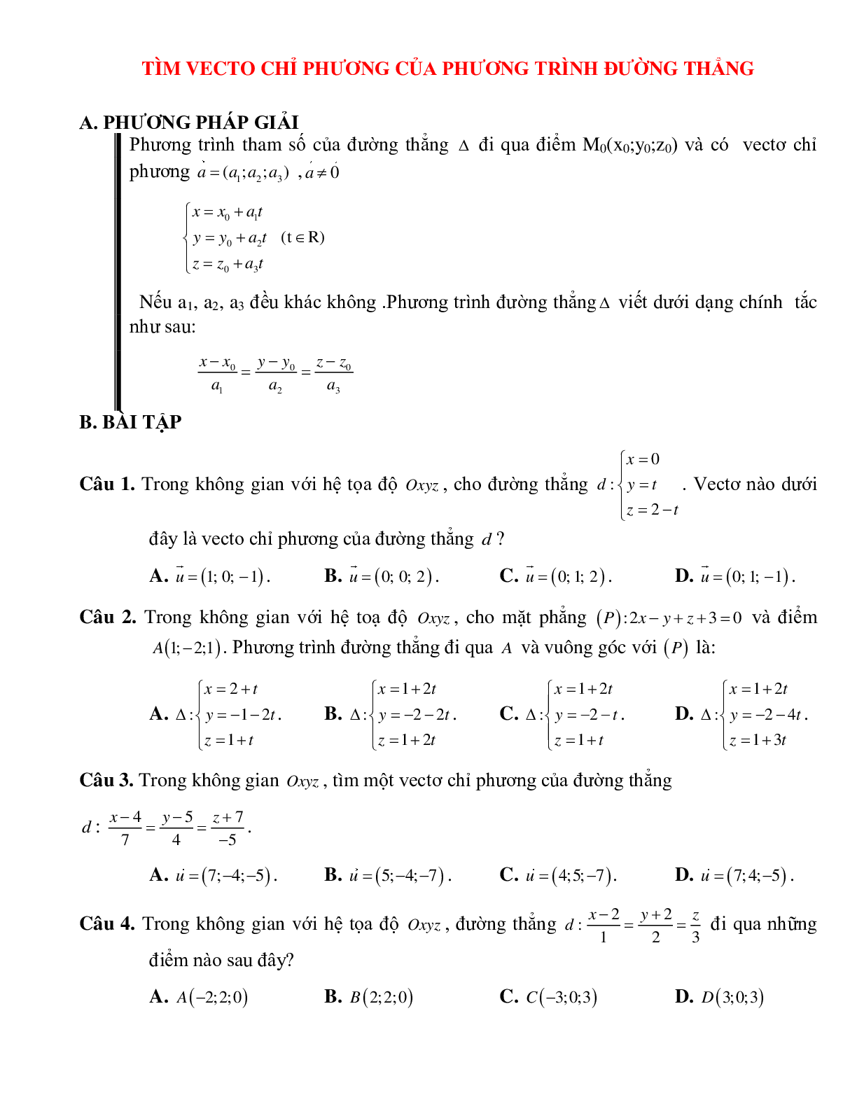 Tìm vectơ chỉ phương của phương trình đường thẳng Toán 12 (trang 1)