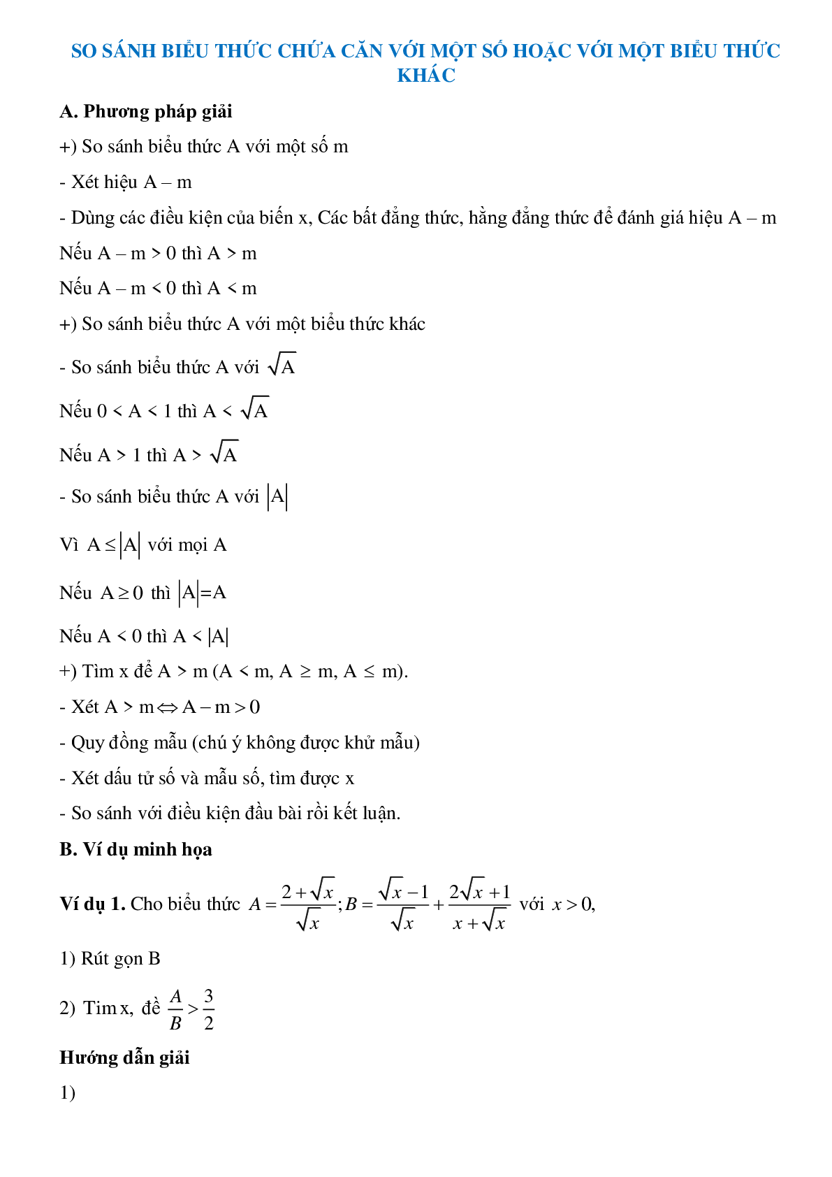 Phương pháp giải So sánh biểu thức chứa căn với một số hoặc với một biểu thức khác (trang 1)
