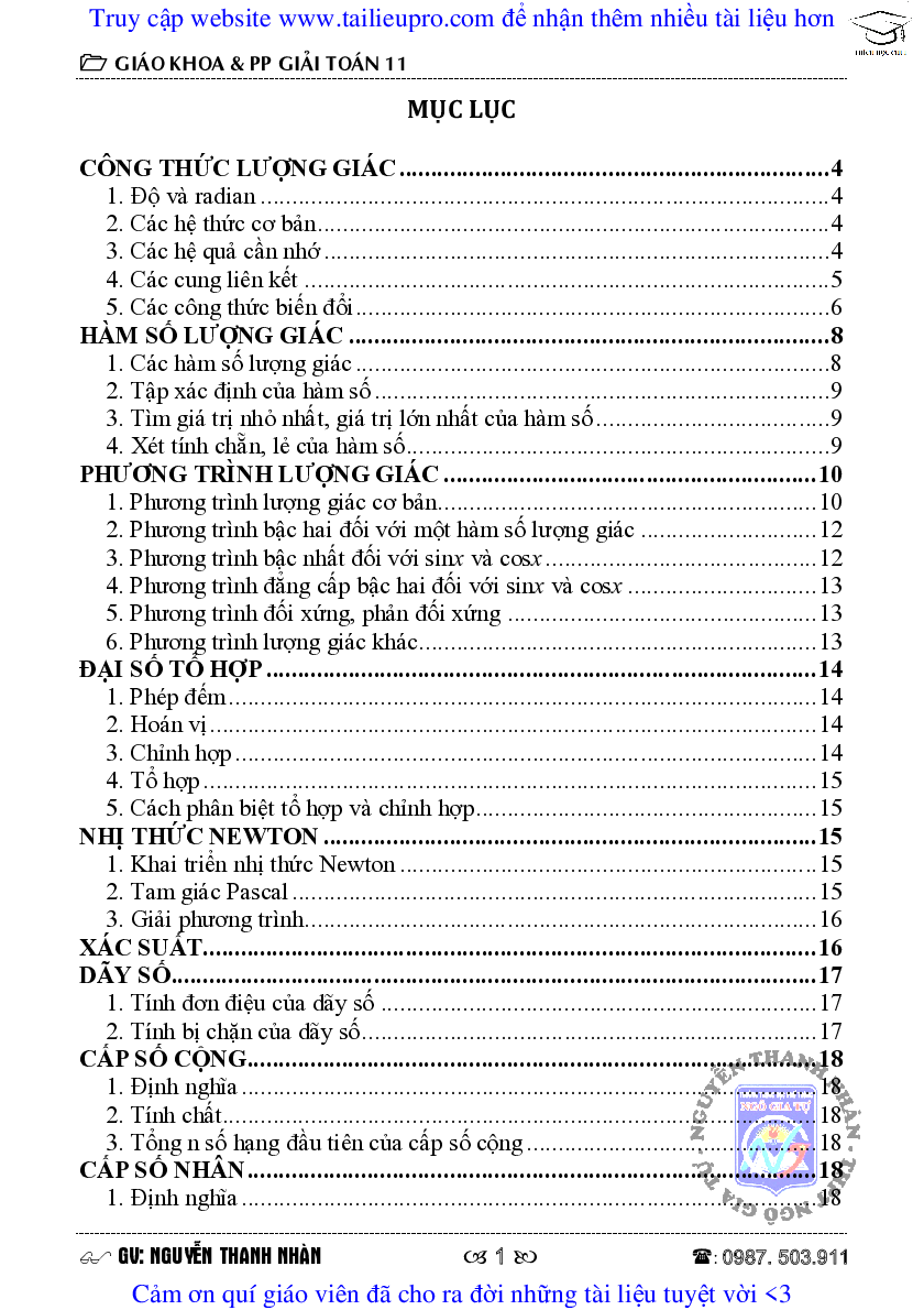 Tóm tắt kiến thức môn Toán lớp 11 (trang 2)