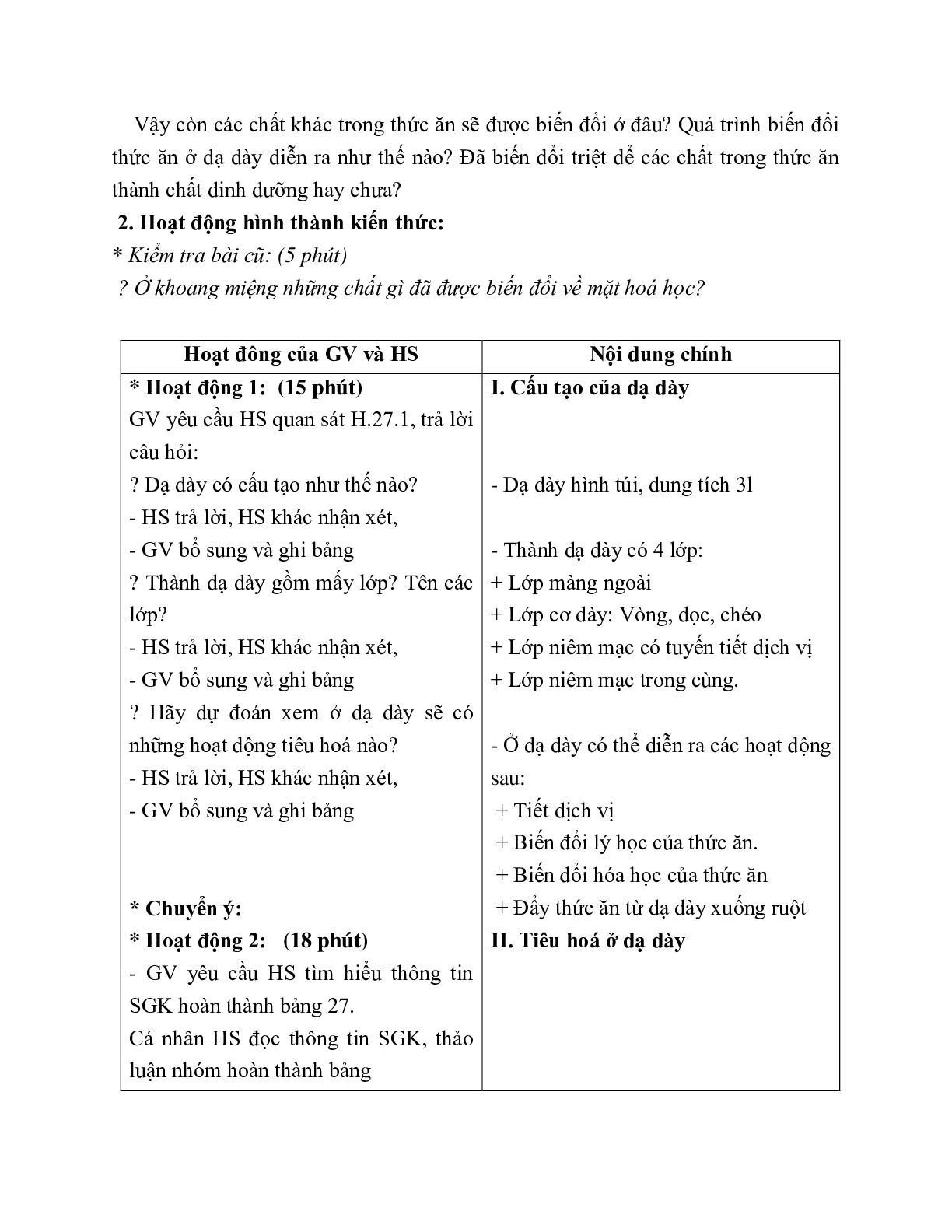 Giáo án Sinh học 8 Bài 27: Tiêu hóa ở dạ dày mới nhất (trang 2)