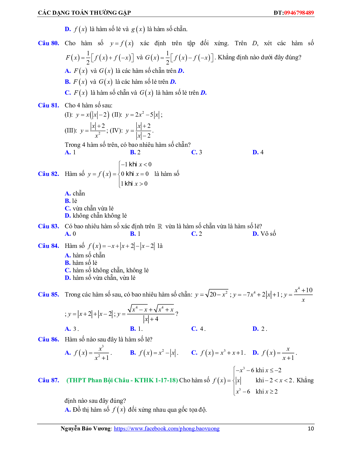 Hàm số bậc nhất, hàm số bậc hai và các bài toán liên quan (trang 10)