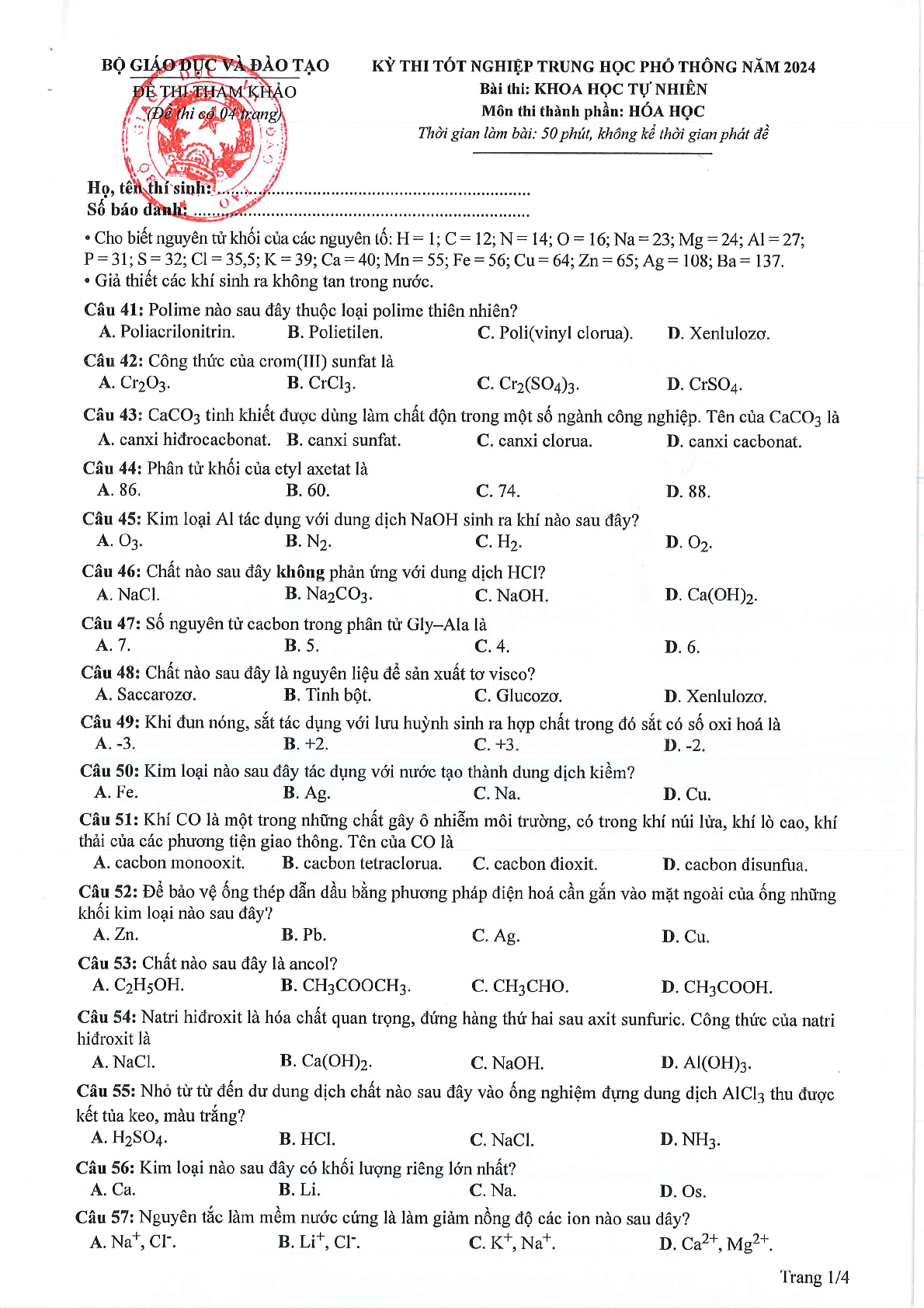Đề thi tham khảo Hóa học 2024 có đáp án (trang 1)