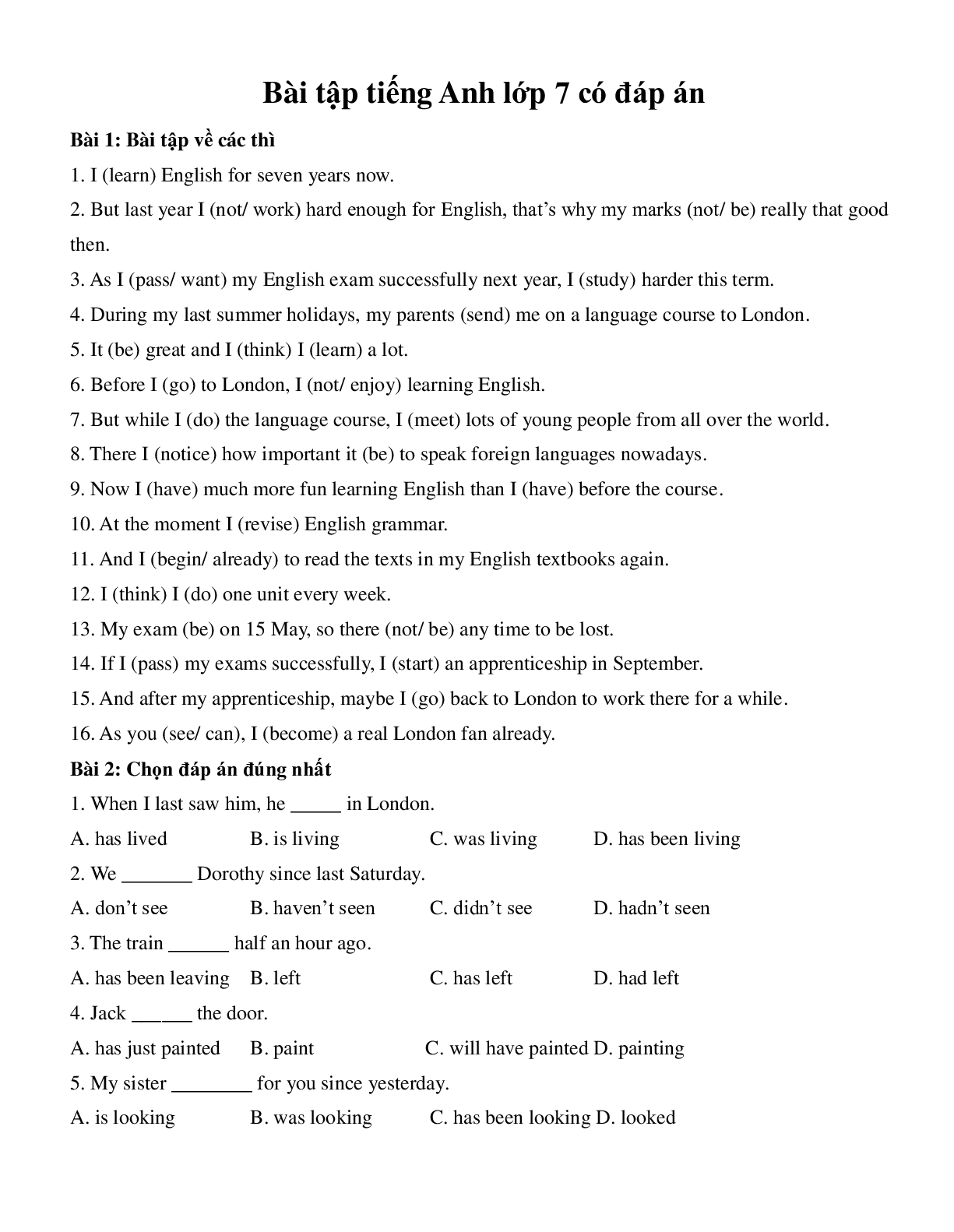 Bài tập Tiếng Anh lớp 7 có đáp án (trang 1)