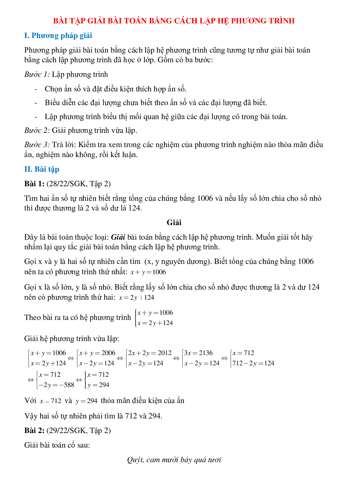 50 Bài tập Giải bài toán bằng cách lập hệ phương trình (có đáp án)- Toán 9 (trang 1)