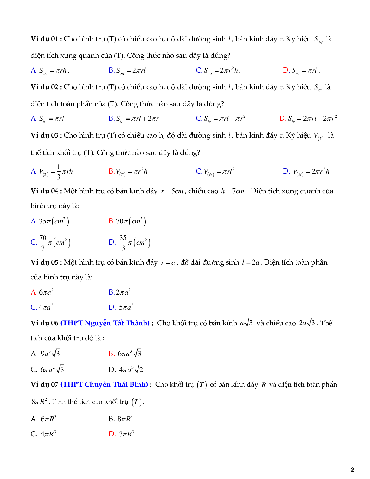 Tuyển chọn bài tập trắc nghiệm hình trụ - khối trụ (trang 2)